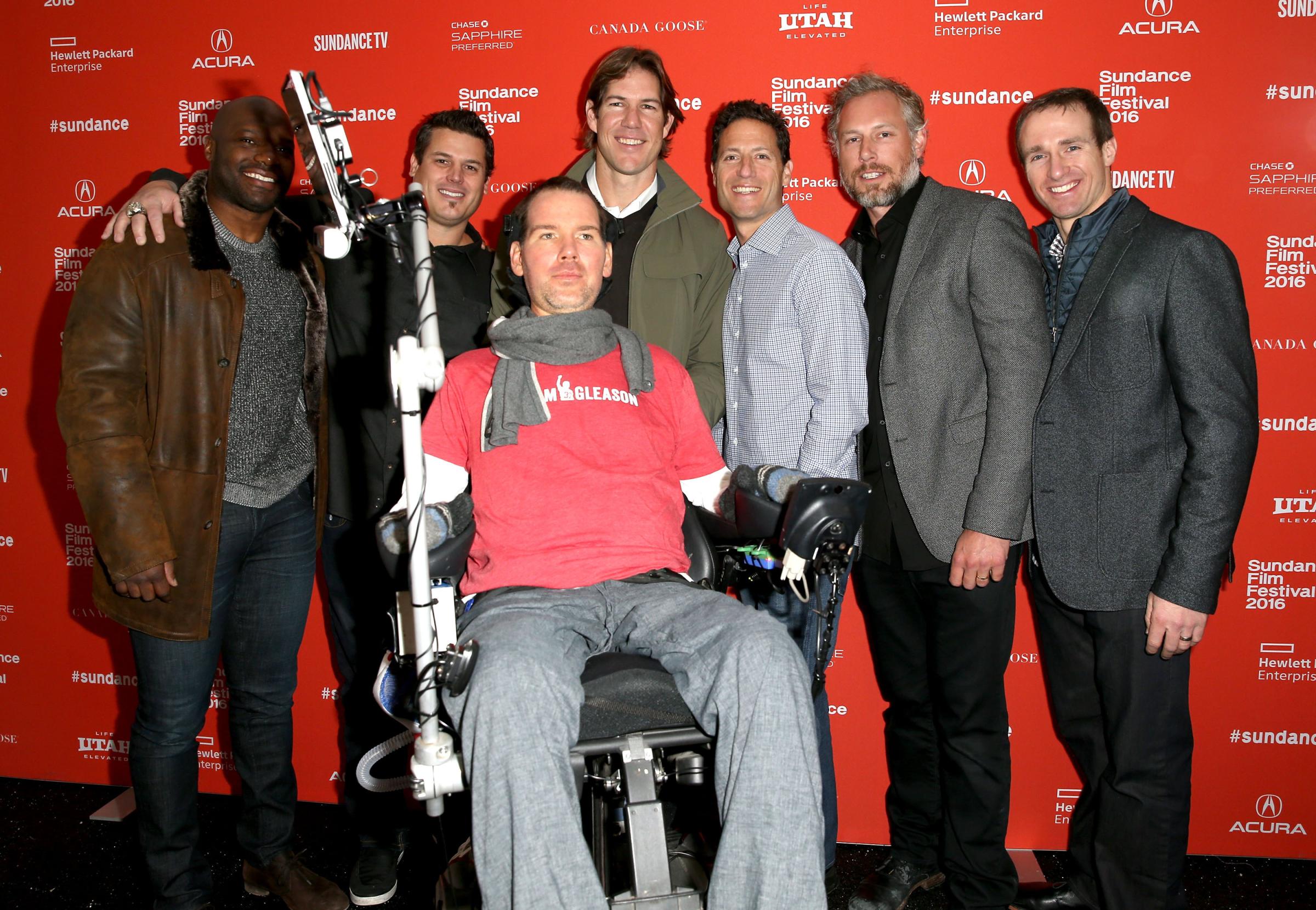 NFL player D'Qwell Jackson, former NFL player Lonie Paxton, film subject Steve Gleason, producer Scott Fujita, Chief Content Officer for IMG Mark Shapiro, former NFL player Eric Johnson, and NFL quarterback Drew Brees attend the "Gleason" Premiere during the 2016 Sundance Film Festival on January 23, 2016 in Park City, Utah.