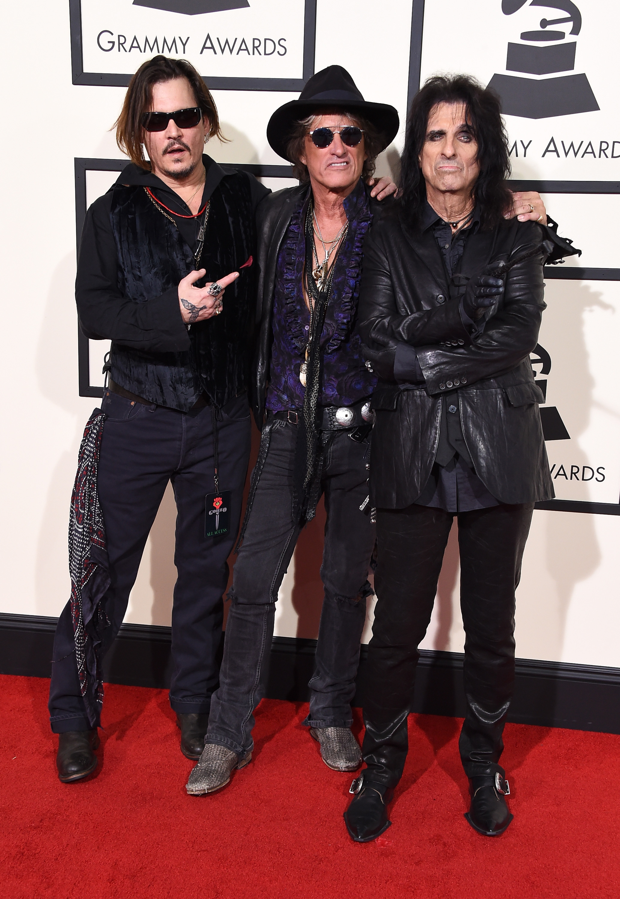 From left: Johnny Depp, Joe Perry and Alice Cooper of The Hollywood Vampires attend the 58th GRAMMY Awards at Staples Center on Feb. 15, 2016 in Los Angeles.