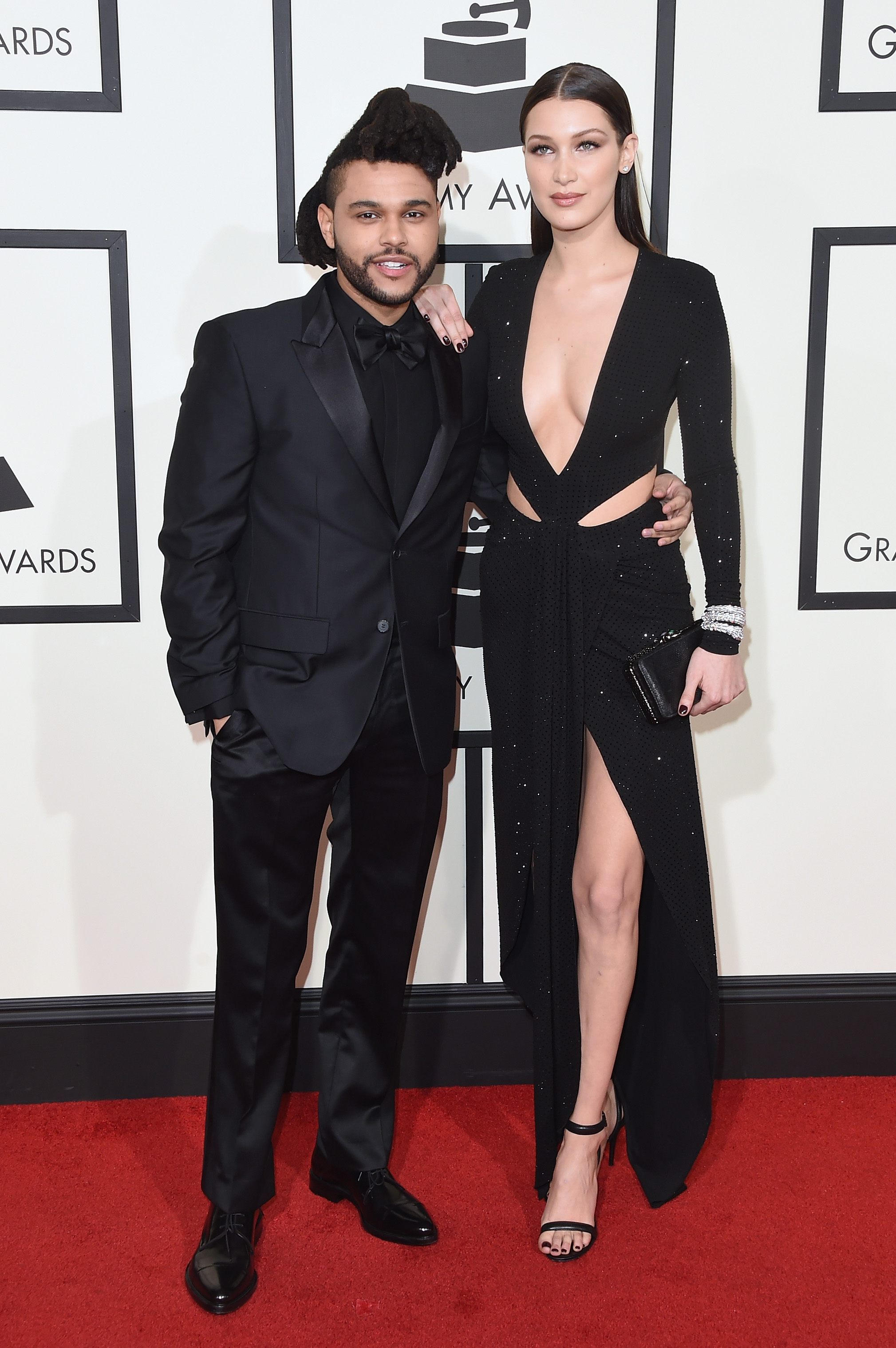 The Weeknd, left, and Bella Hadid, right, attend the 58th GRAMMY Awards at Staples Center on Feb. 15, 2016 in Los Angeles.