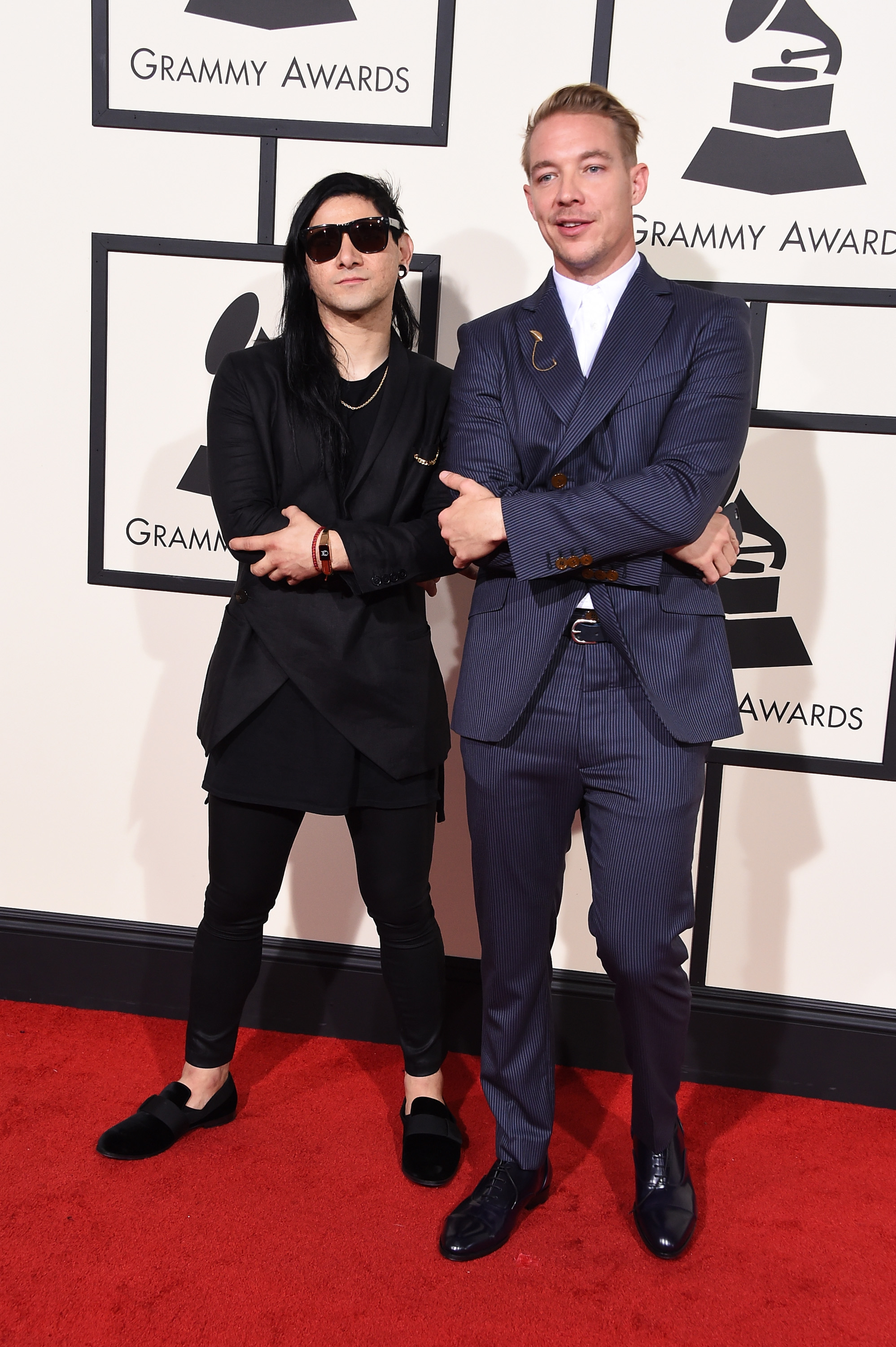 Skrillex, left, and Diplo, right, attend the 58th GRAMMY Awards at Staples Center on Feb. 15, 2016 in Los Angeles.