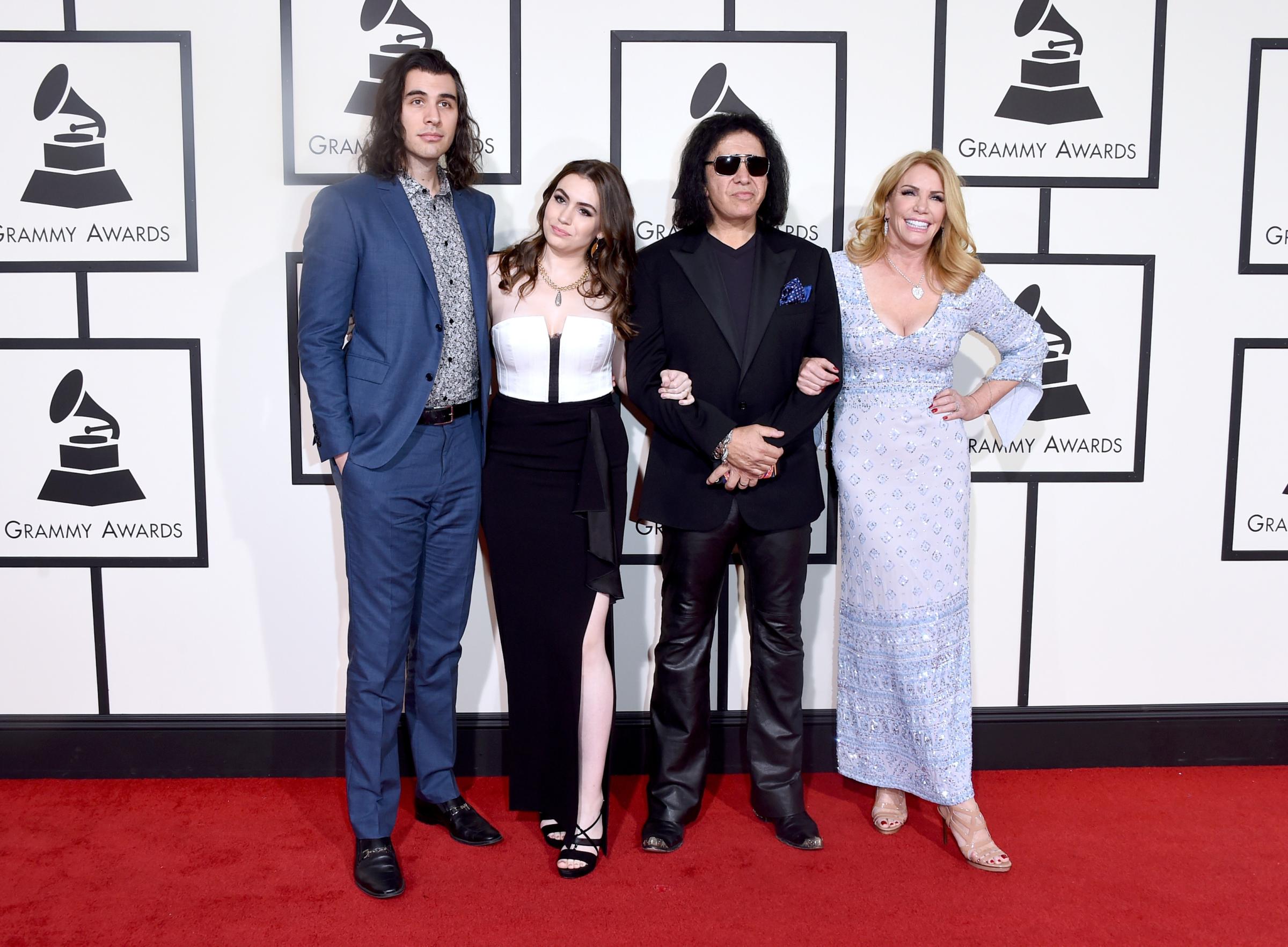From left: Nick Simmons, Sophie Simmons, Gene Simmons, and Shannon Tweed attend the 58th GRAMMY Awards at Staples Center on Feb. 15, 2016 in Los Angeles.