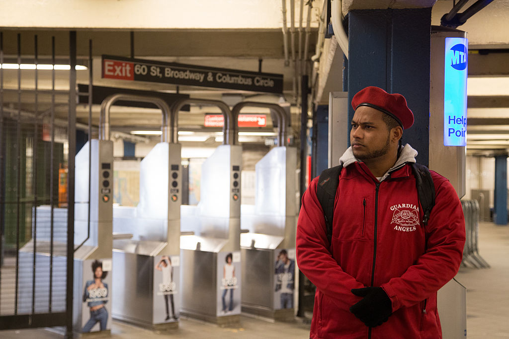The Guardian Angels patrol the New York subway at Columbus Circle for the first time in 22 years after a spree of slashing attacks.