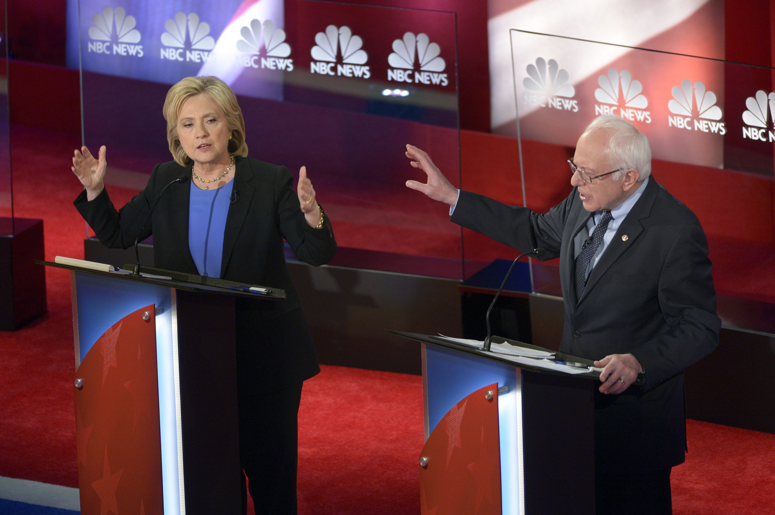 Former Secretary of State Hillary Clinton and Vermont Sen. Bernie Sanders appear during the NBC News democratic Debate on Jan. 17. (NBC—NBC Photo Bank via Getty Images)