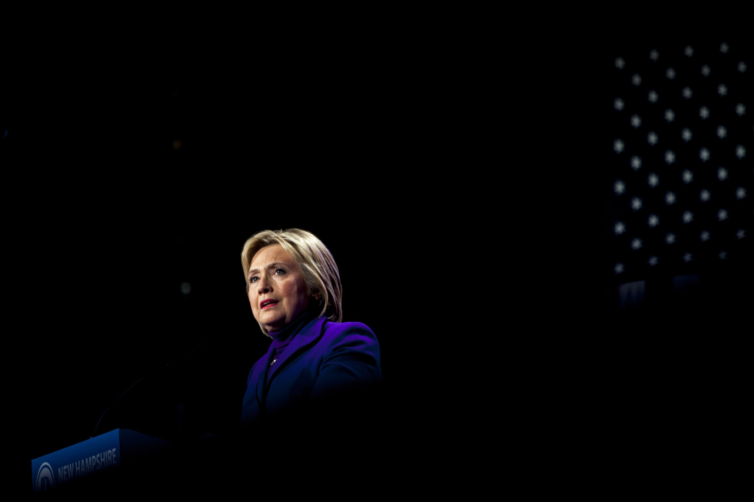 Democratic presidential candidate Hillary Clinton speaks at the McIntyre-Shaheen 100 Club Celebration in Manchester, N.H. on Feb. 5, 2016. (Natalie Keyssar for TIME)