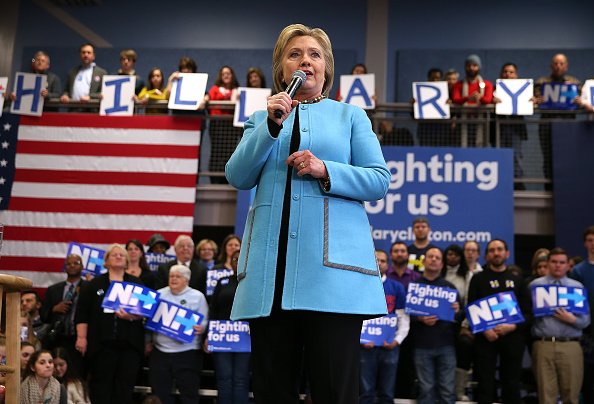 Democratic presidential candidate former Secretary of State Hillary Clinton speaks during a "Get Out The Vote Clinton Family Event" at Manchester Community College on February 8, 2016 in Manchester, New Hampshire.