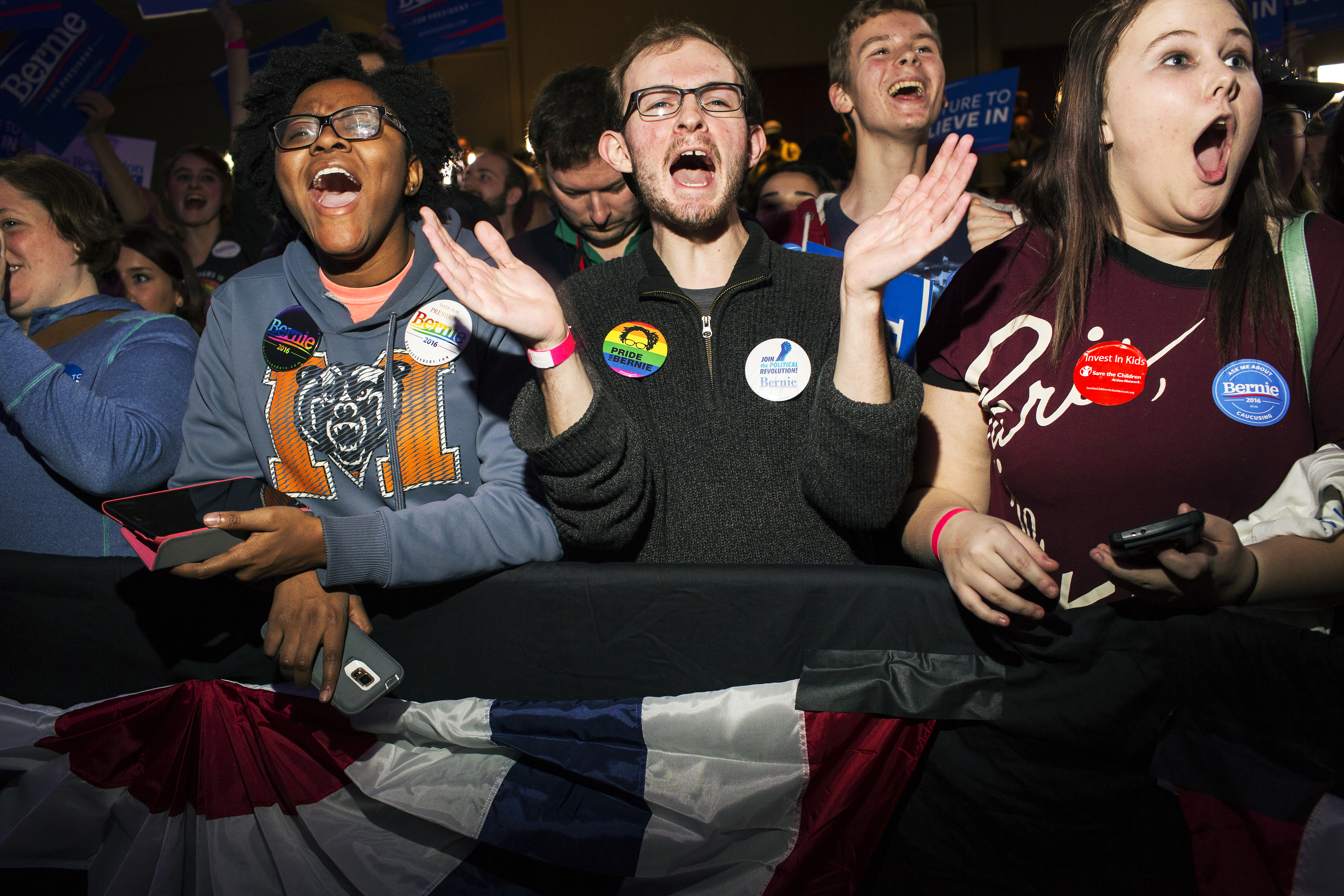 Supporters cheer for Vermont Sen. Bernie Sanders on caucus night during a rally in Des Moines, Iowa on Feb. 1, 2016.