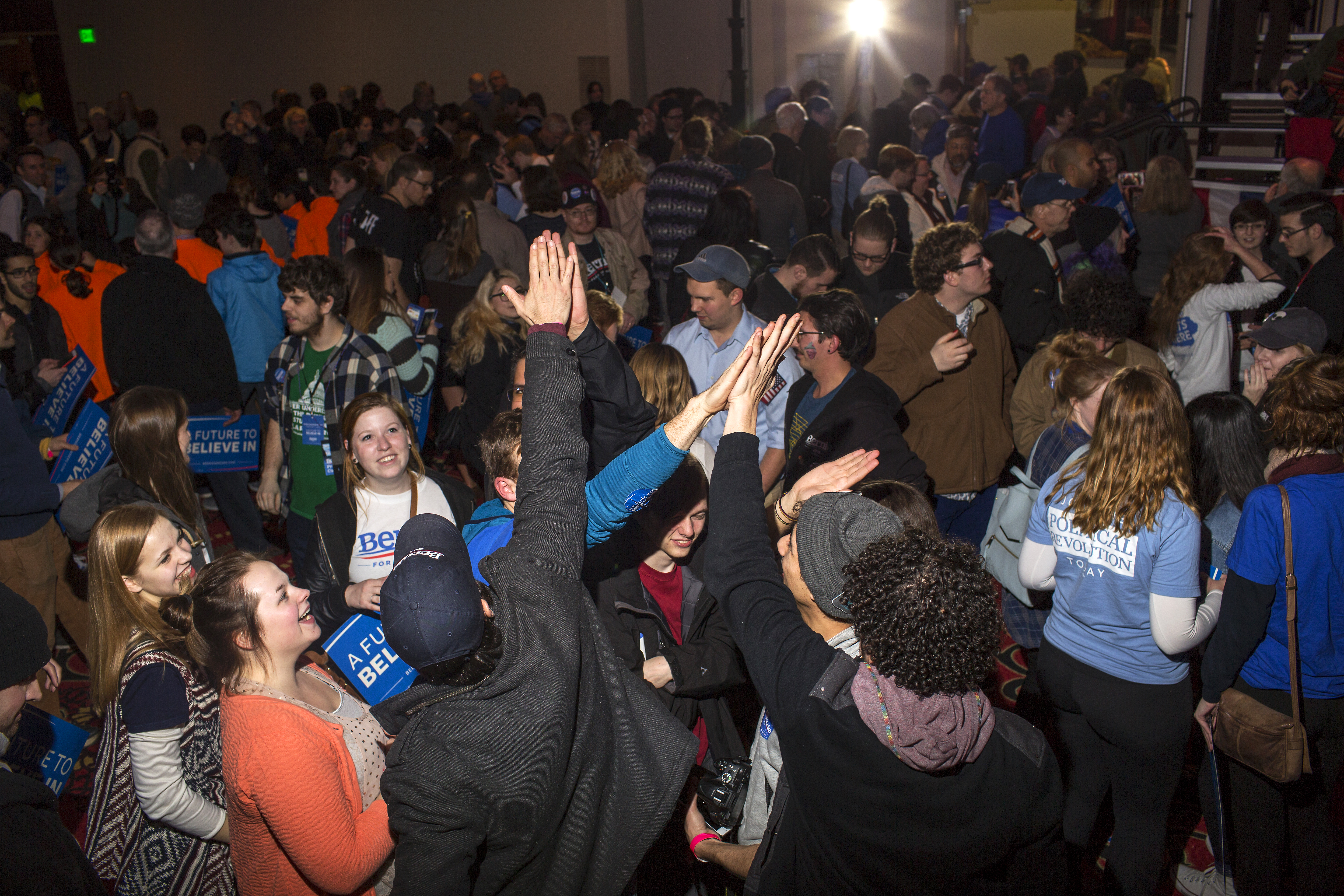 Supporters cheer for Vermont Sen. Bernie Sanders on caucus night in during a rally in Des Moines, Iowa on Feb. 1, 2016.
