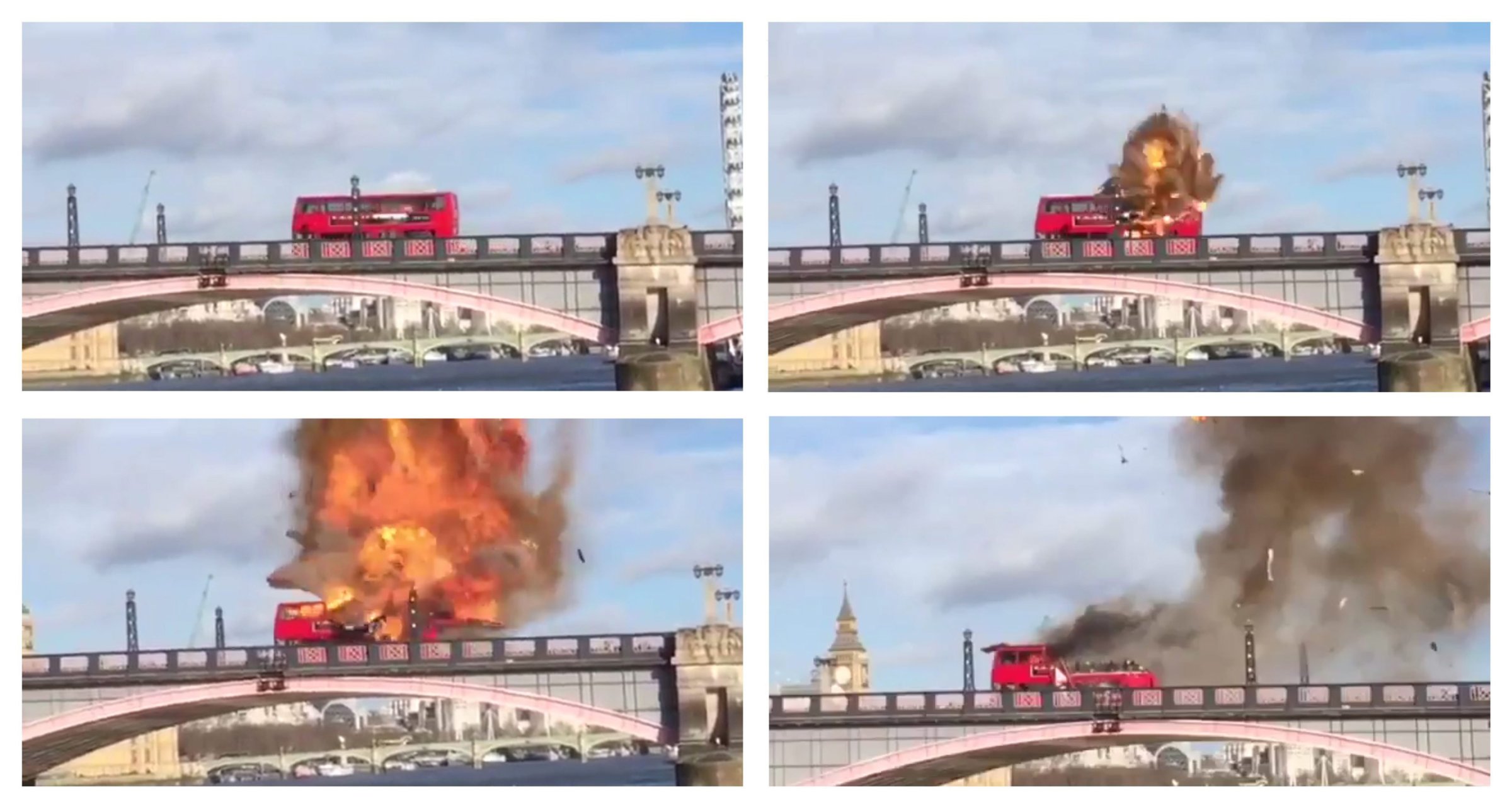 epa05149922 A handout composite picture taken from a video provided by the London Fire Brigade on 08 February 2016 shows a London double-decker bus exploding during the filming of a movie on Lambeth Bridge in London, Britain, 07 February 2016. According to reports, onlookers were fearing a terrorist attack when a bus exploded intentionally for a movie. Reports state the stunt was performed during the filming of 'The Foreigner' starring Jackie Chan. EPA/LAMBETH/LONDON FIRE BRIGADE/HANDOUT MANDATORY CREDIT: LONDON FIRE BRIGADE. BEST QUALITY AVAILABLE. HANDOUT EDITORIAL USE ONLY/NO SALES