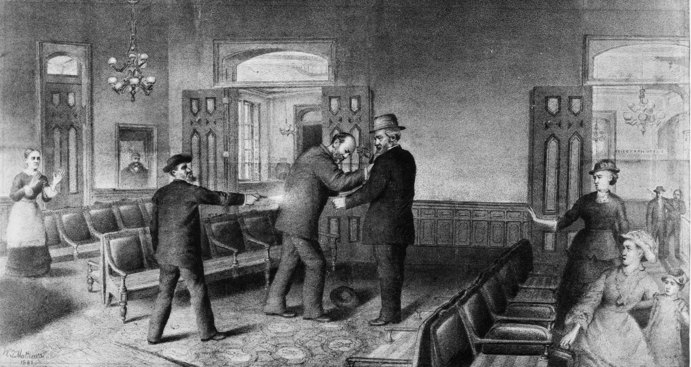 Charles Jules Guiteau, a disillusioned office seeker shoots US president James Garfield in the back at the Baltimore and Potomac Railroad Depot, Washington, DC. Garfield finally died of his injuries on September 19th, 1881. Original Artist: By William T Mathews.