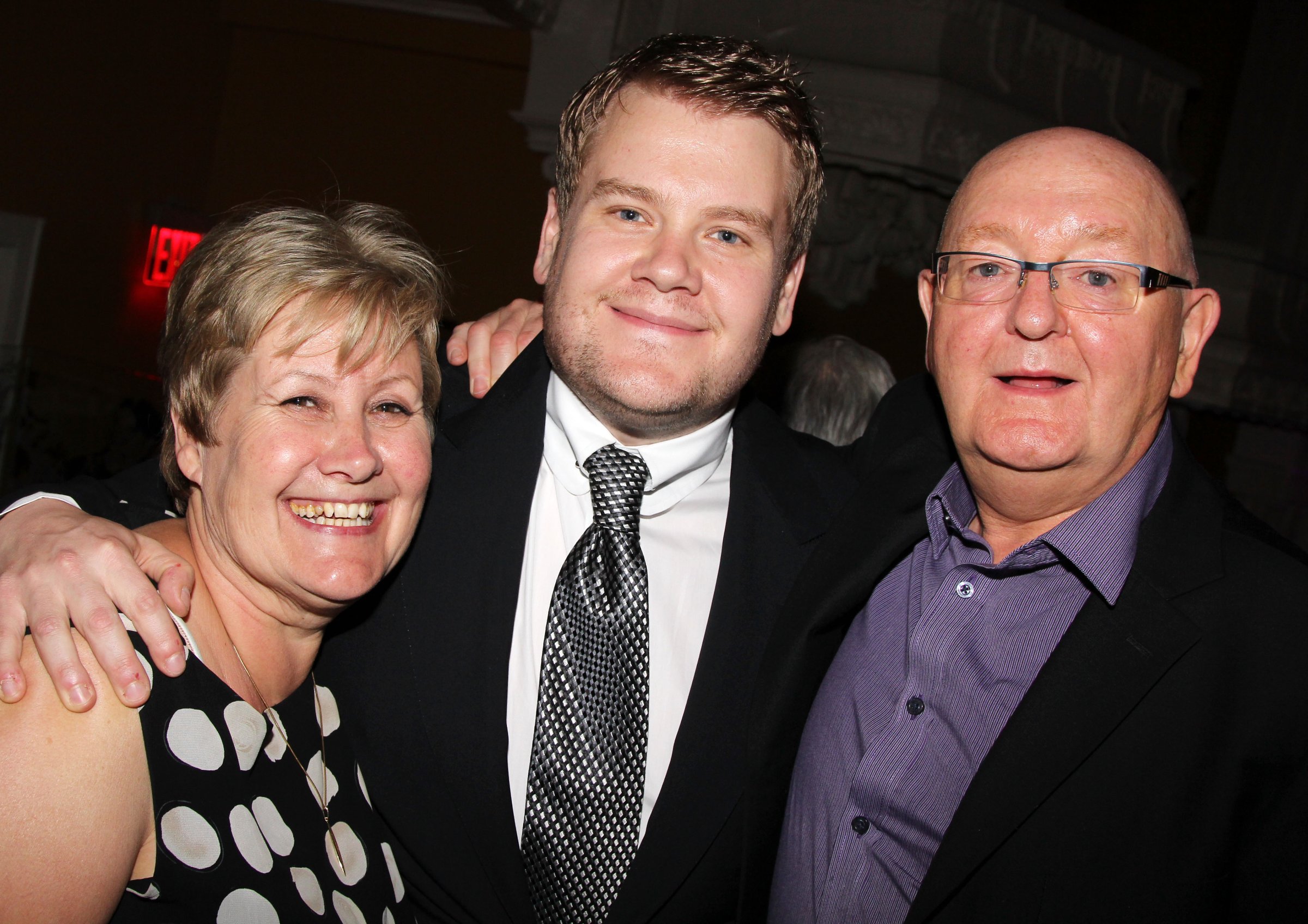 James Corden poses with his mother Margaret Corden and father Malcolm Corden as they attend the after party for the "One Man, Two Guvnors" Broadway Opening Night at The Liberty Theatre on April 18, 2012 in New York City.