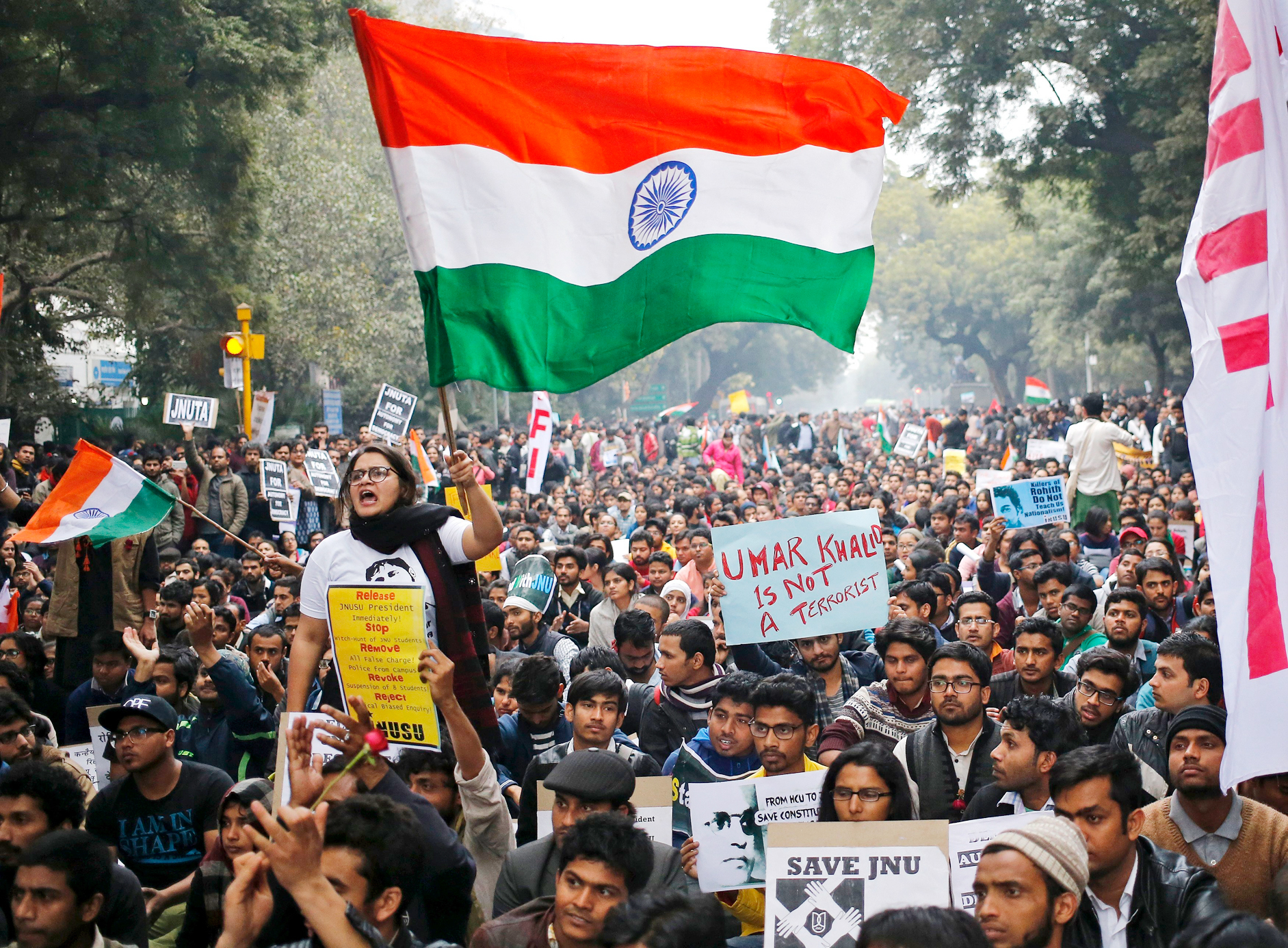 Protesters in New Delhi demand the release of JNU student leader Kanhaiya Kumar