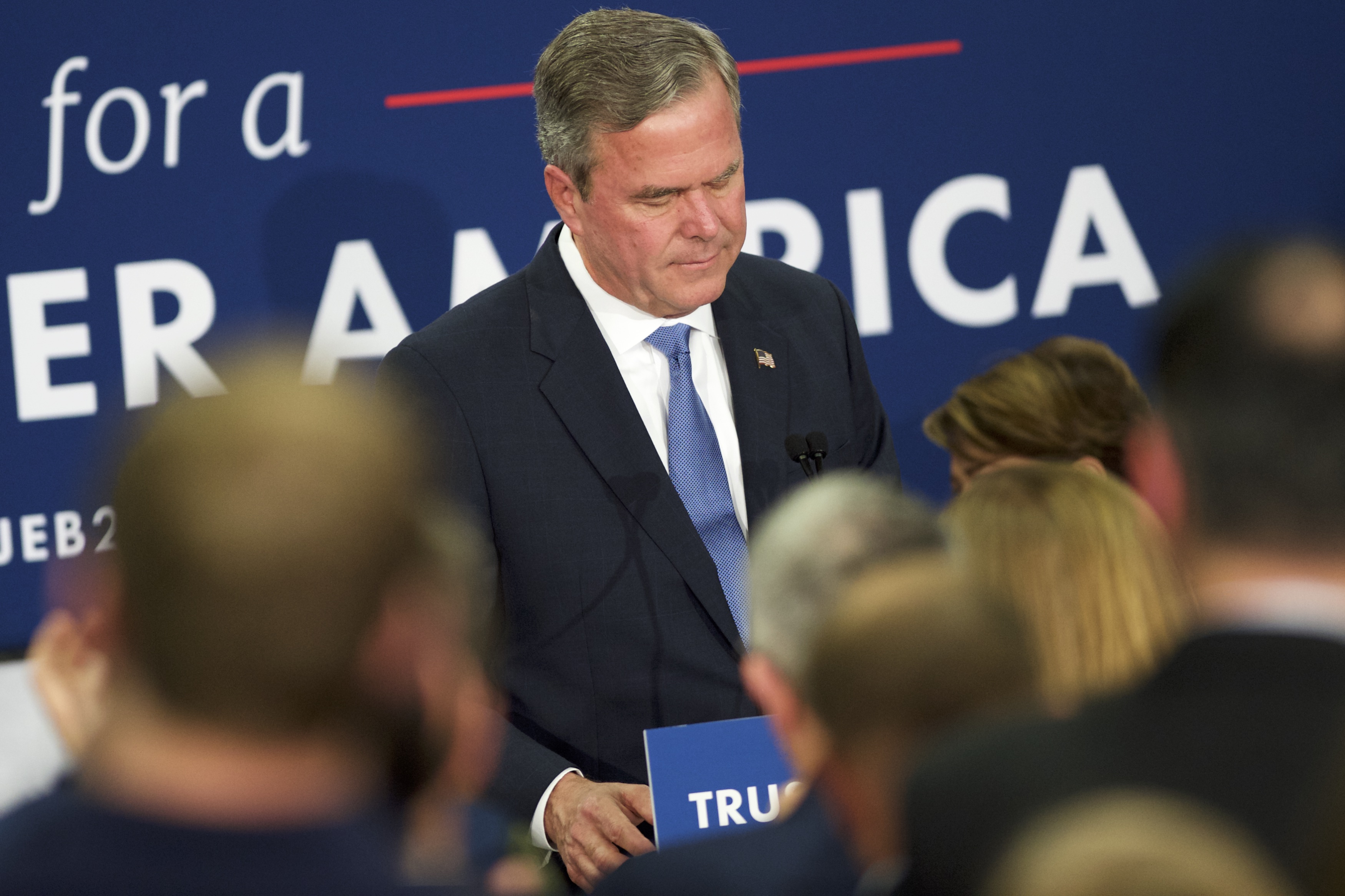 Jeb Bush reacts as he announces the suspension of his presidential campaign in Columbia, SC on Feb. 20, 2016. (Mark Makela—Getty Images)