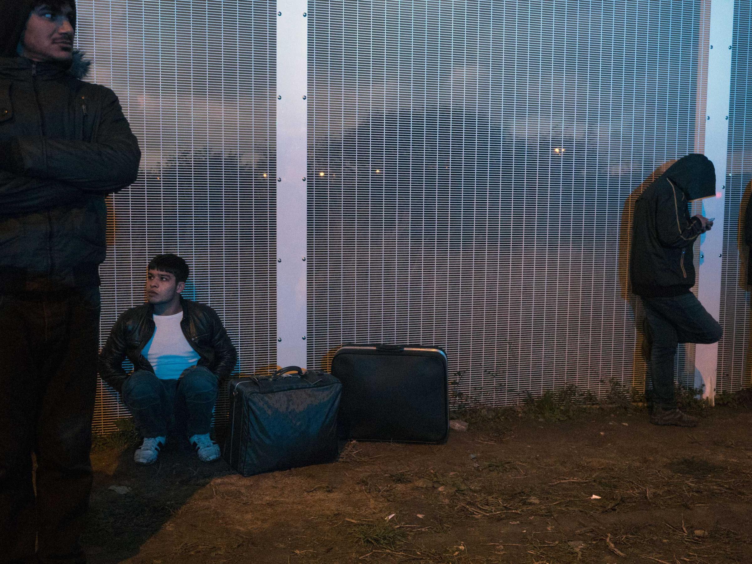New arrivals at the entrance to the "jungle", Nov. 25, 2015, Calais, France.  The migrants who come to Calais hope to eventually make their way to the United Kingdom.