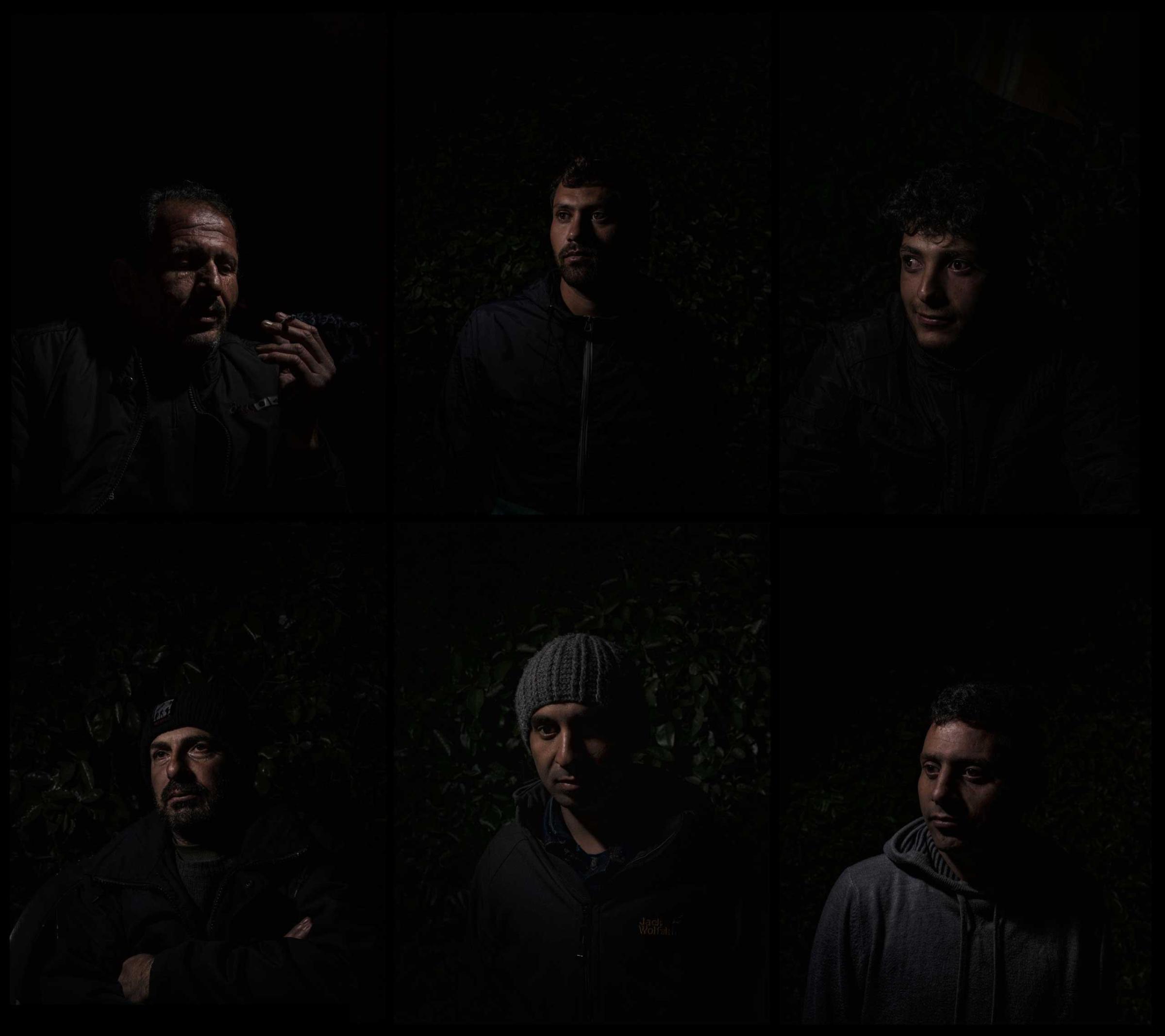 A grid of portraits of Syrian refugees who have recently arrived in Calais, France, 2015.