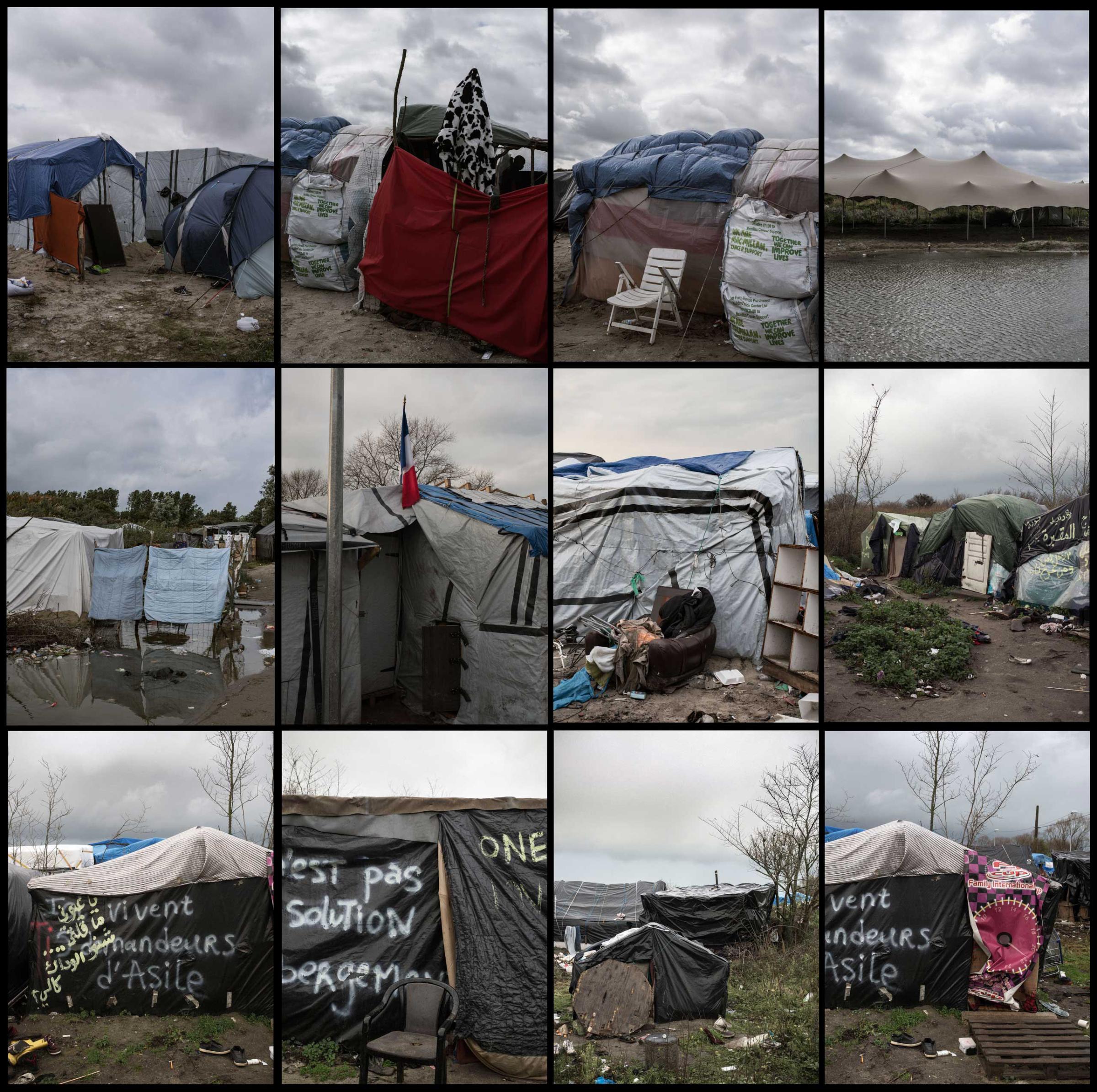 A grid showing various make-shift dwellings for migrants in the shantytown known as the "jungle" in Calais, France, where 4000 migrants, refugees, and asylum seekers have sought shelter before attempting to make their way to the United Kingdom, 2015.