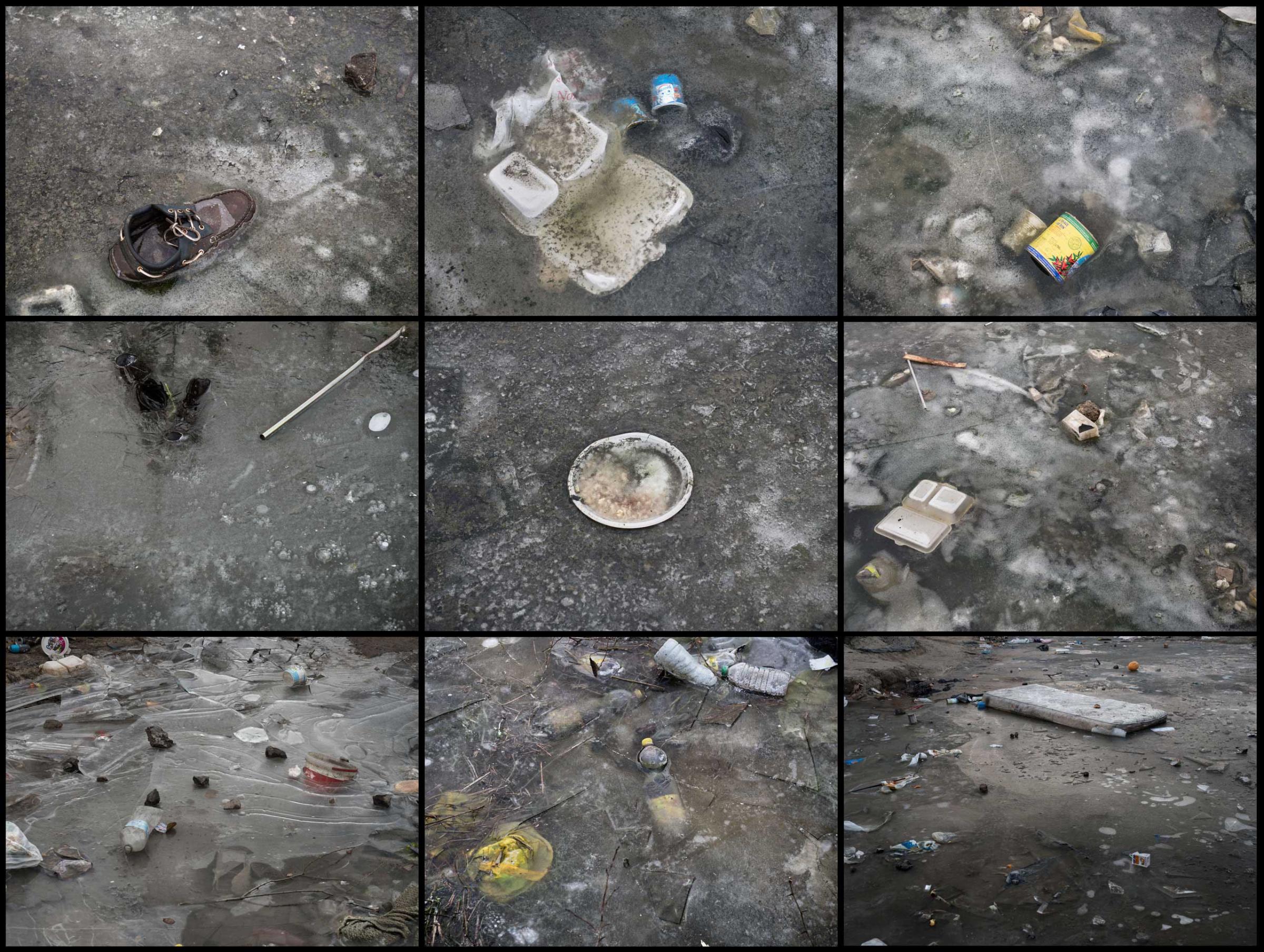 Details of personal belongings and trash frozen in the ice in the "jungle" in Calais, France, where a  mix of refugees, asylum seekers and economic migrants from Darfur, Afghanistan, Syria, Iraq, Eritrea have come to live in the hopes of eventually making their way to the United Kingdom, Jan. 2015.