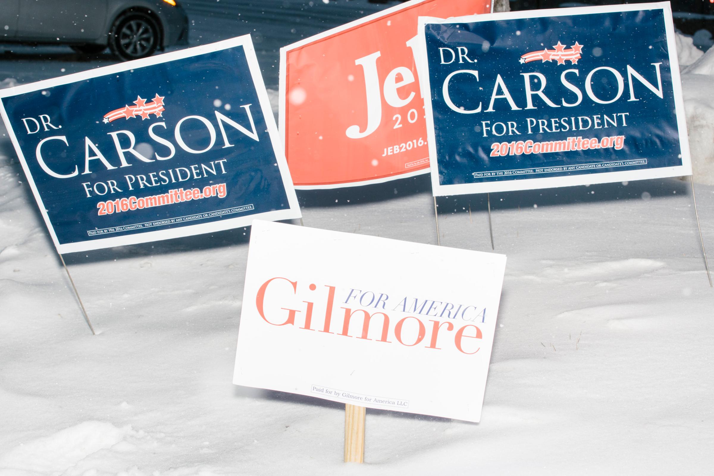 A campaign sign for former Virginia governor and Republican presidential candidate Jim Gilmore stands in the snow among those of other Republican presidential candidates on Granite Street in Manchester, New Hampshire, on Mon., Feb. 8, 2016. Gilmore finished in last place among major Republican candidates still in the race with a total of 150 votes.