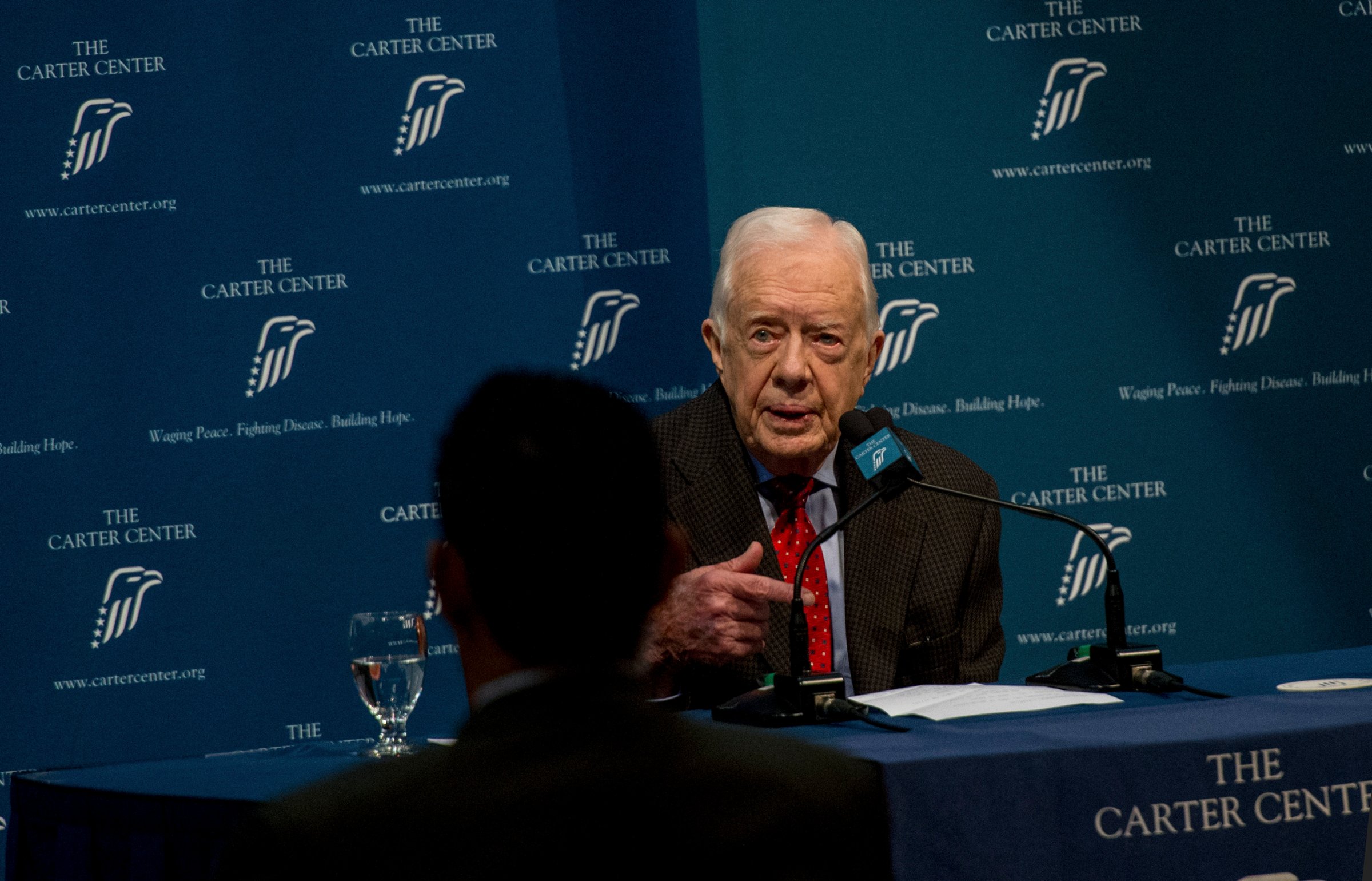 Former U.S. president Jimmy Carter speaks at a news conference at the Carter Center in Atlanta, Georgia, U.S., on Thursday, Aug. 20, 2015. Carter said he has melanoma in his brain, and that he will receive radiation treatment for the cancer beginning Thursday while scaling back work for his philanthropic foundation. Photographer: Chris Rank/Bloomberg *** Local Caption *** Jimmy Carter