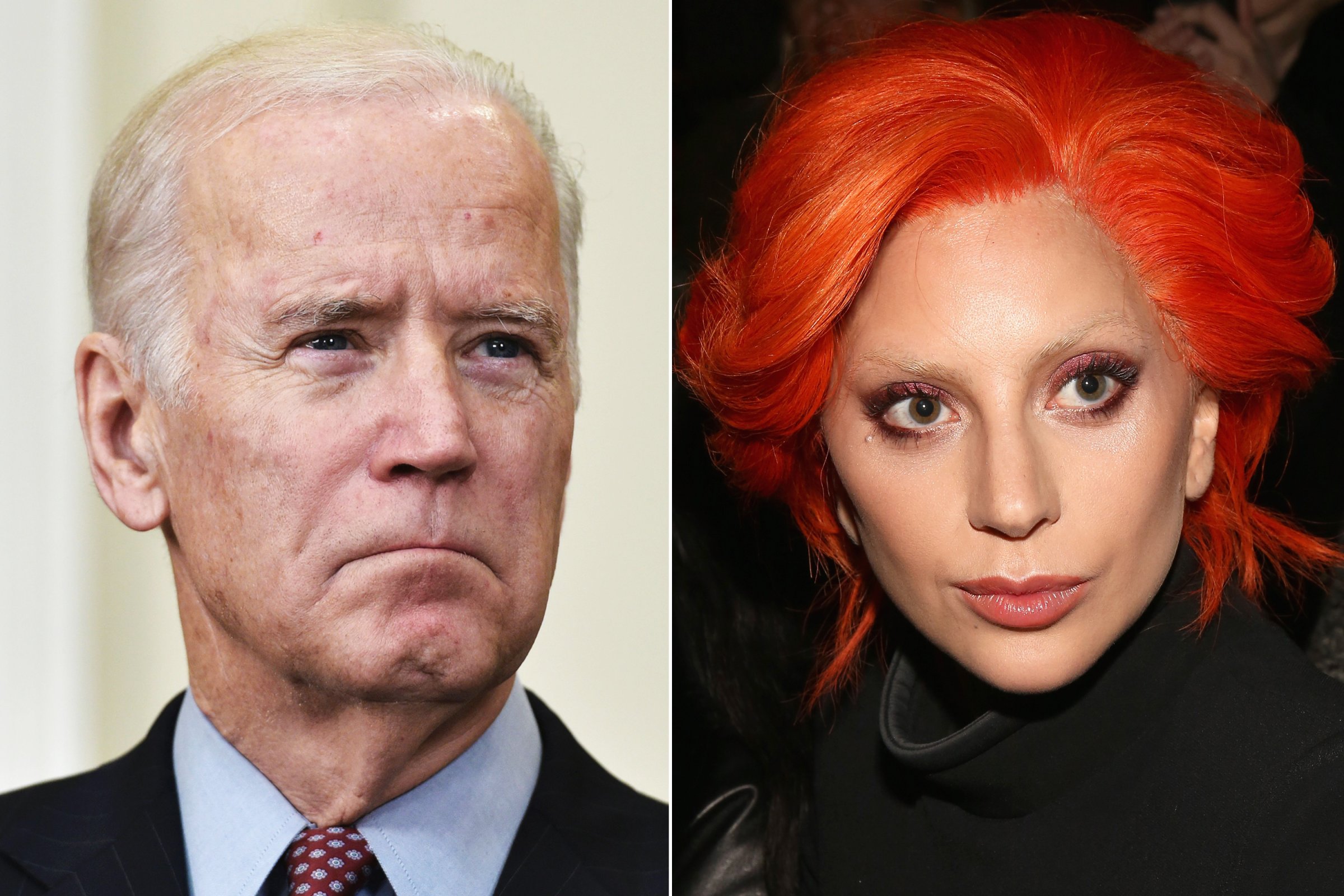 Left Joe Biden is seen as President Barack Obama speaks on the Guantanamo Bay detention camp in the Roosevelt Room of the White House in Washington, DC. on Feb. 23, 2016. Right Lady Gaga attends Brandon Maxwell Fall 2016 New York Fashion Week at Monkey Bar in New York City on Feb. 16, 2016.