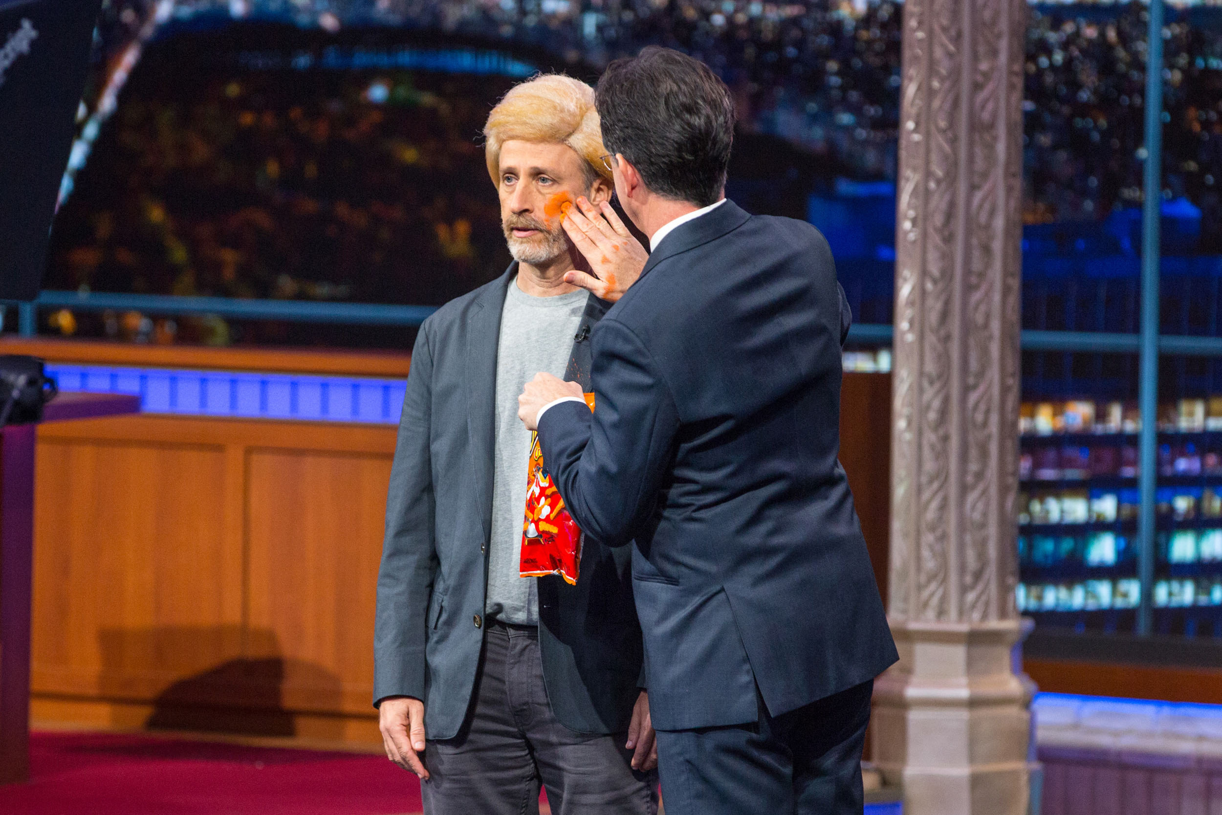 Jon Stewart dressed as Donald Trump on The Late Show with Stephen Colbert on Dec. 10, 2015.