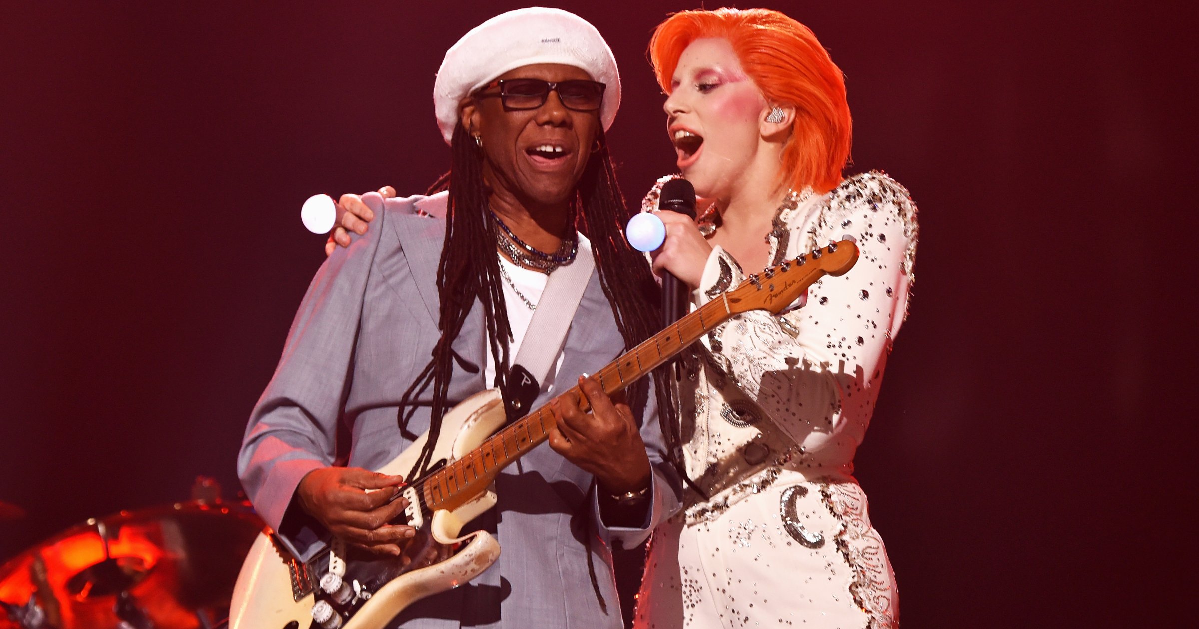 Nile Rodgers, left, and Lady Gaga, right, perform during the 58th GRAMMY Awards on Feb. 15, 2016 in Los Angeles.