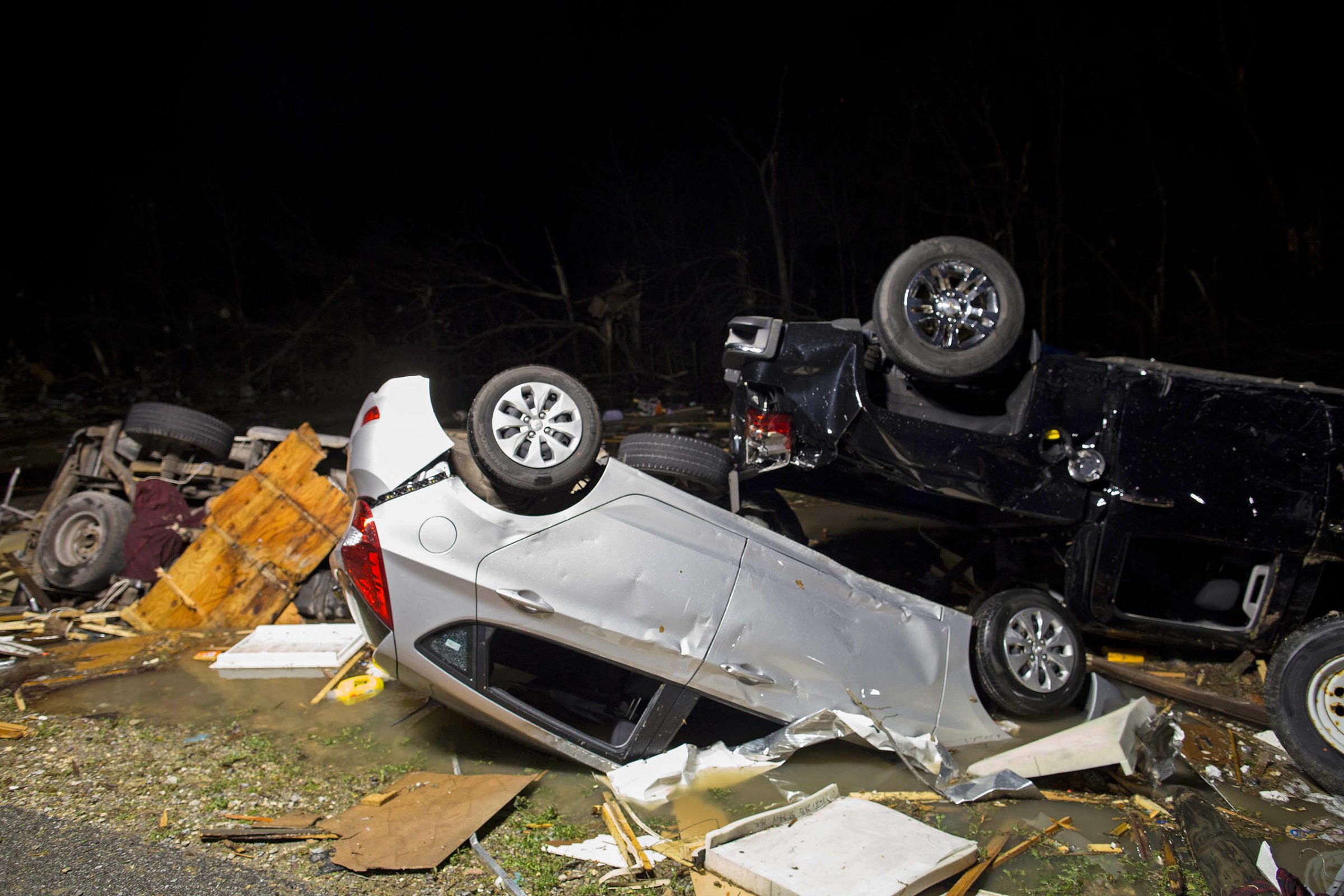 Destroyed trailers and vehicles are all that remain of the Sugar Hill RV Park after a suspected tornado hit in Convent, La., Feb. 23, 2016.