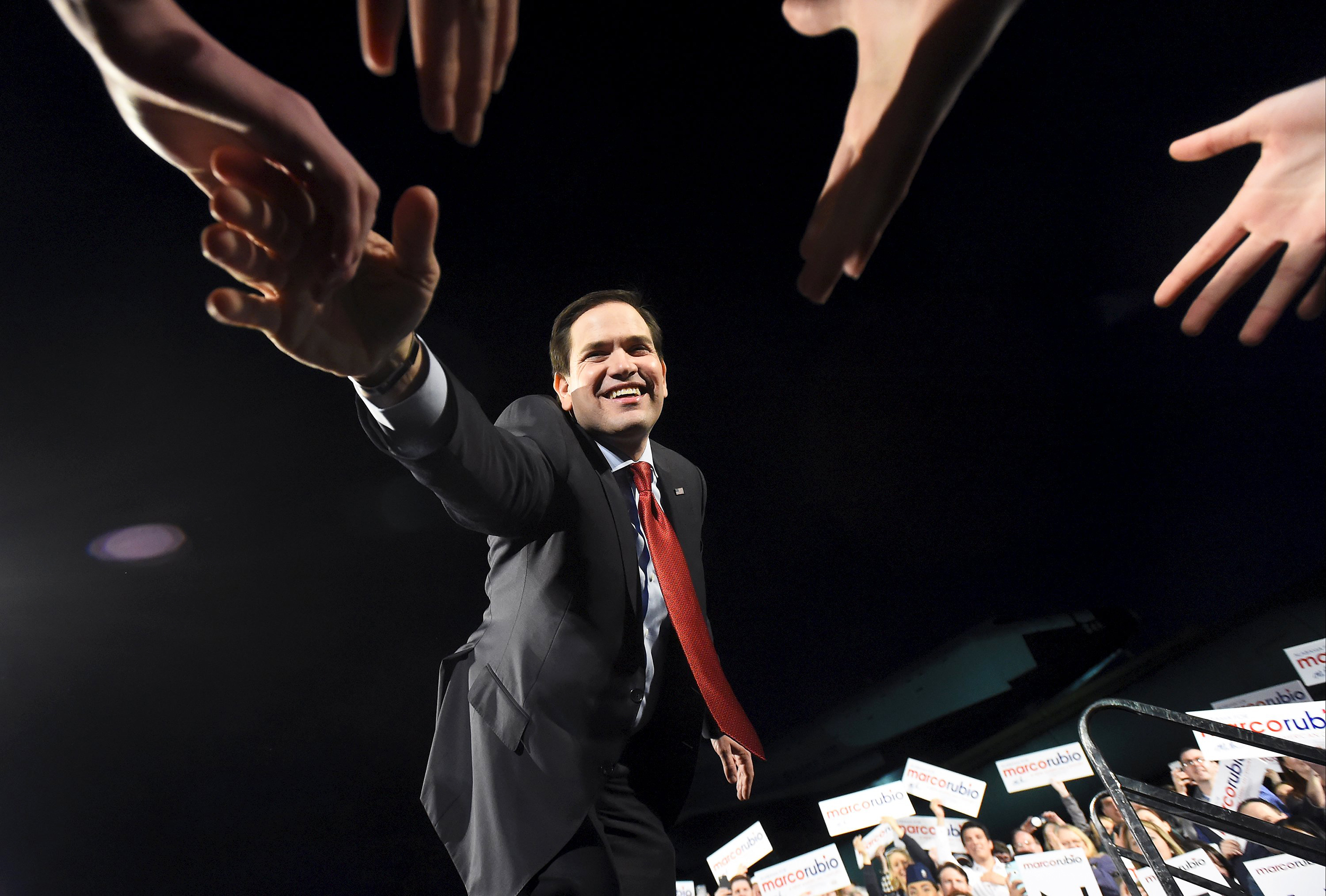 Republican U.S. presidential candidate Marco Rubio greets supporters during a campaign stop at the U.S. Space and Rocket Center in Huntsville,