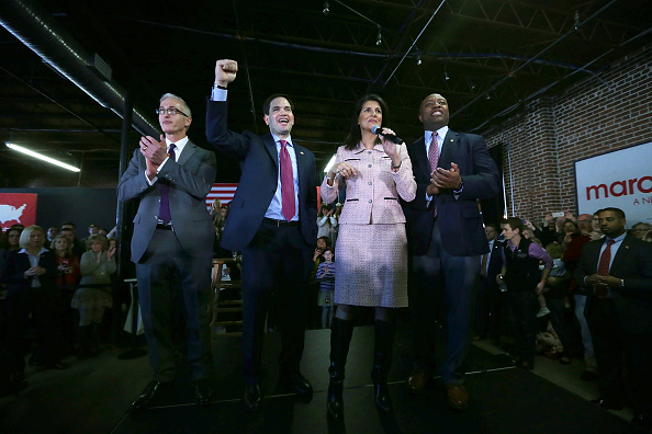 Republican presidential candidate Sen. Marco Rubio (R-FL) (2nd L) campaigns with (L-R) Rep. Trey Gowdy (R-SC), Governor Nikki Haley, and Sen. Tim Scott (R-SC) during an event February 18, 2016, in Greenville, South Carolina.