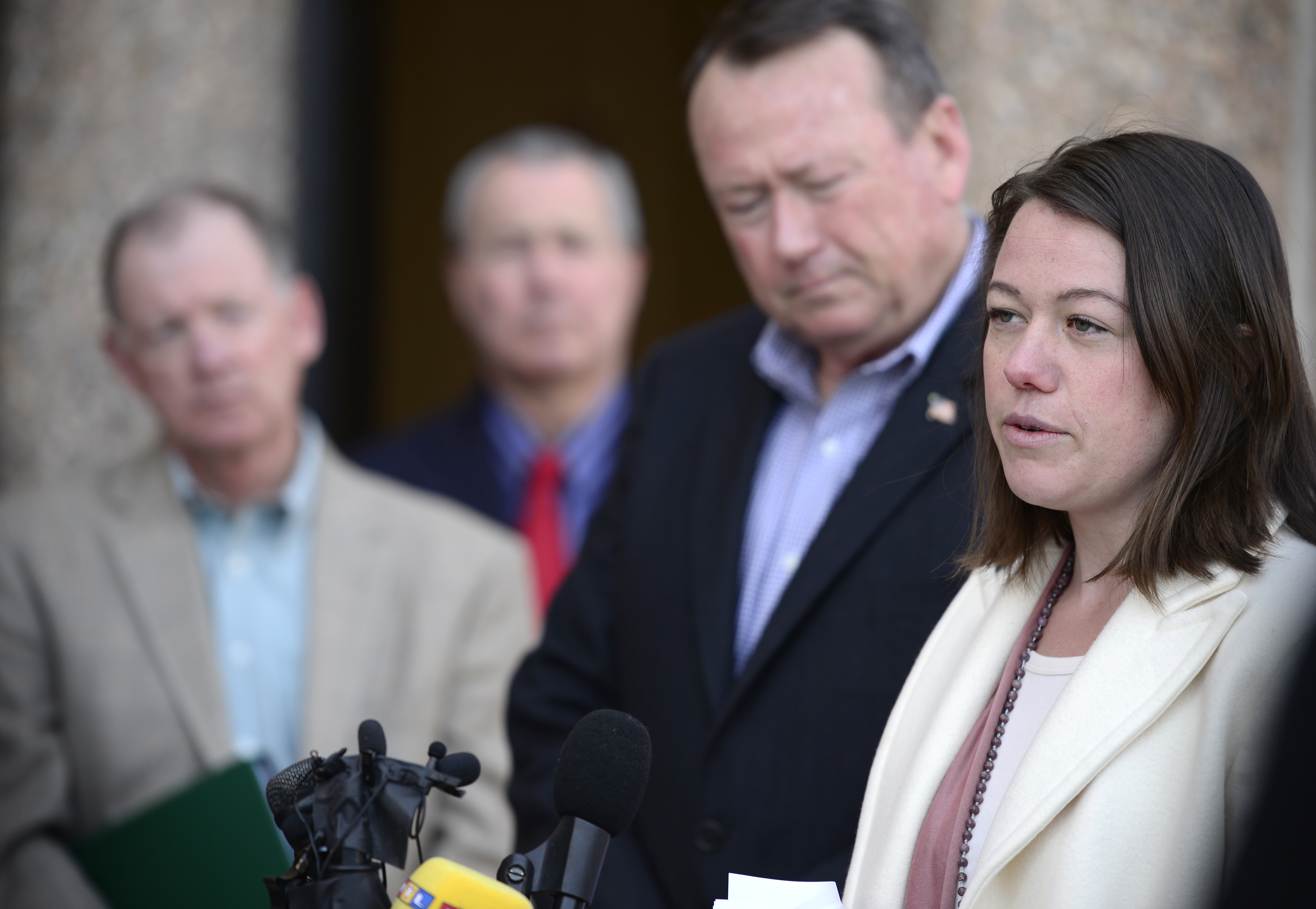 Michelle Wilkins speaks to the media after Dynel Lane was found guilty of attempted first-degree murder, assault and unlawful termination of a pregnancy in Boulder, Colo. on Feb. 23, 2016. (Matthew Jonas—AP)