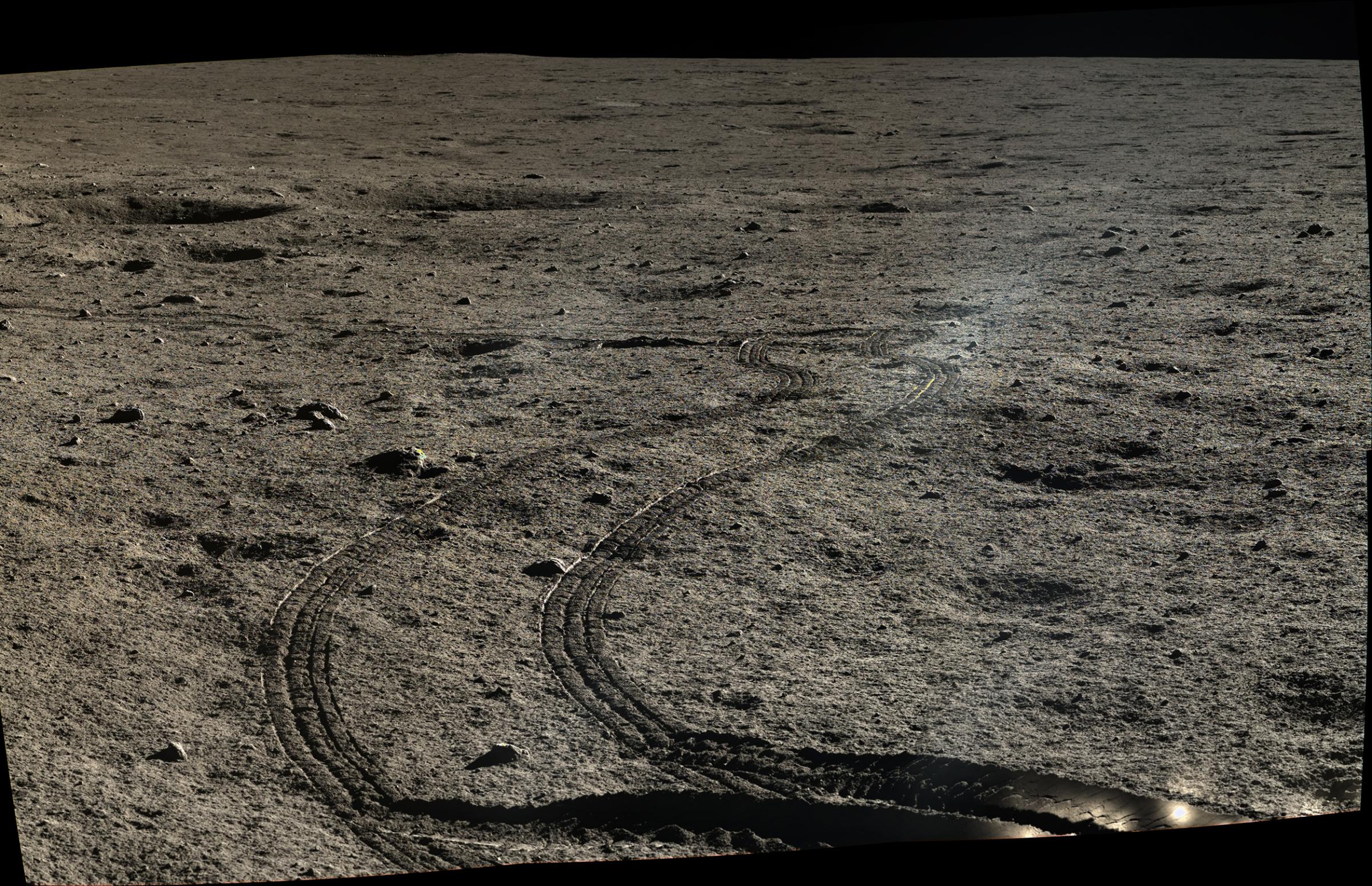 Yutu's wheels tracks in the lunar soil. The images for this mosaic were taken on Jan. 12, 2014.