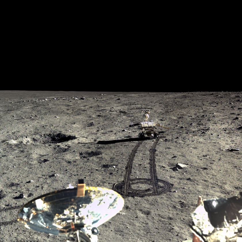 The Chang'e 3 lander captured the four images for this mosaic of the Yutu rover driving southward on Dec. 23, 2013.