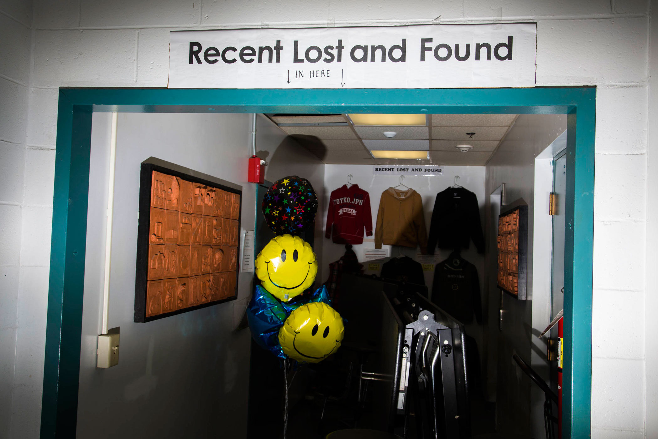 A lost and found at Hampton Academy, where Republican presidential candidate, New Jersey Gov. Chris Christie held a campaign event on Feb. 7, 2016, in Hampton, N.H.