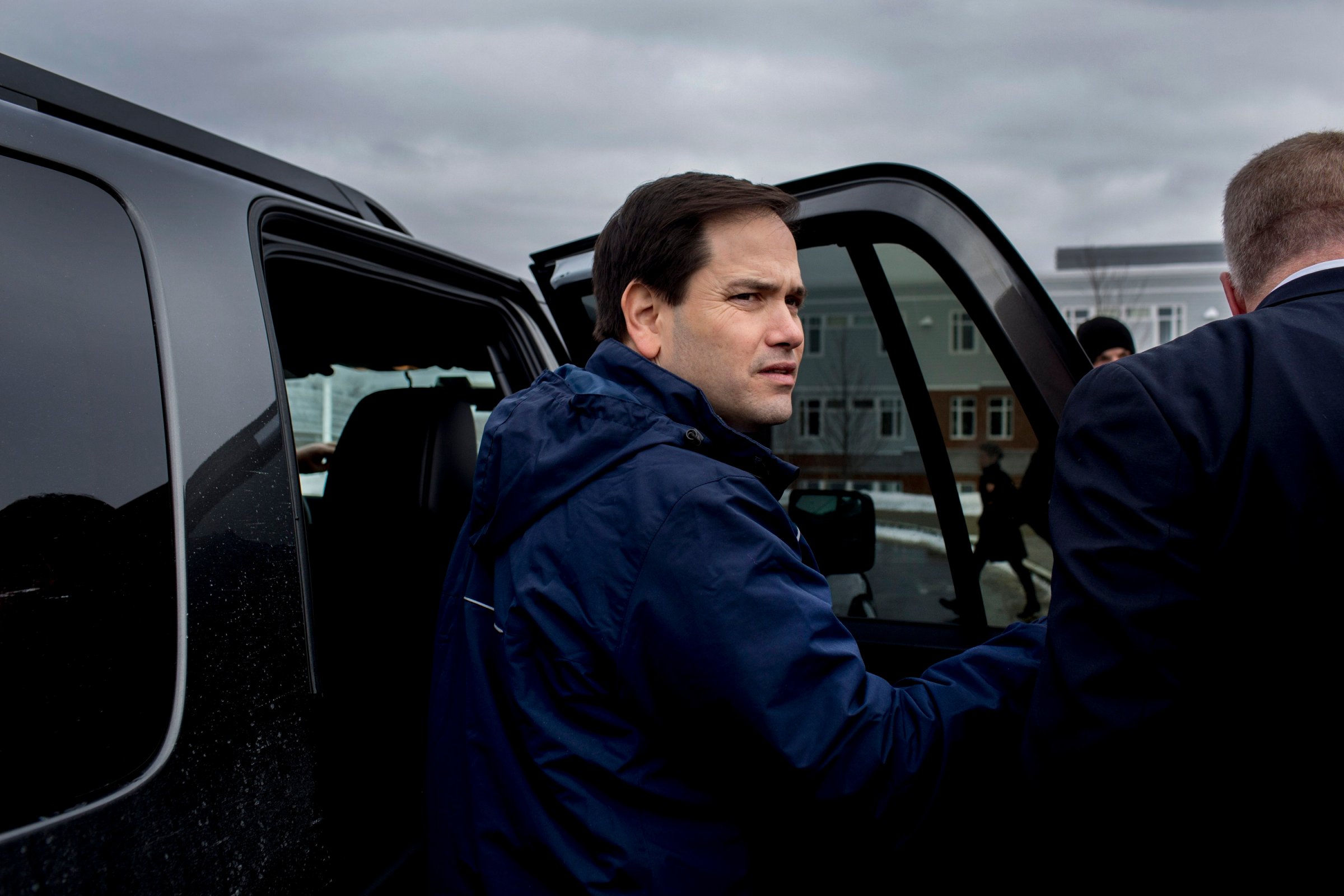 Presidential Candidate Marco Rubio made  a stop outside the polling place as New Hampshire residents voted at a polling station located at Windham Highschool on Feb. 9, 2016, in Windham N.H.