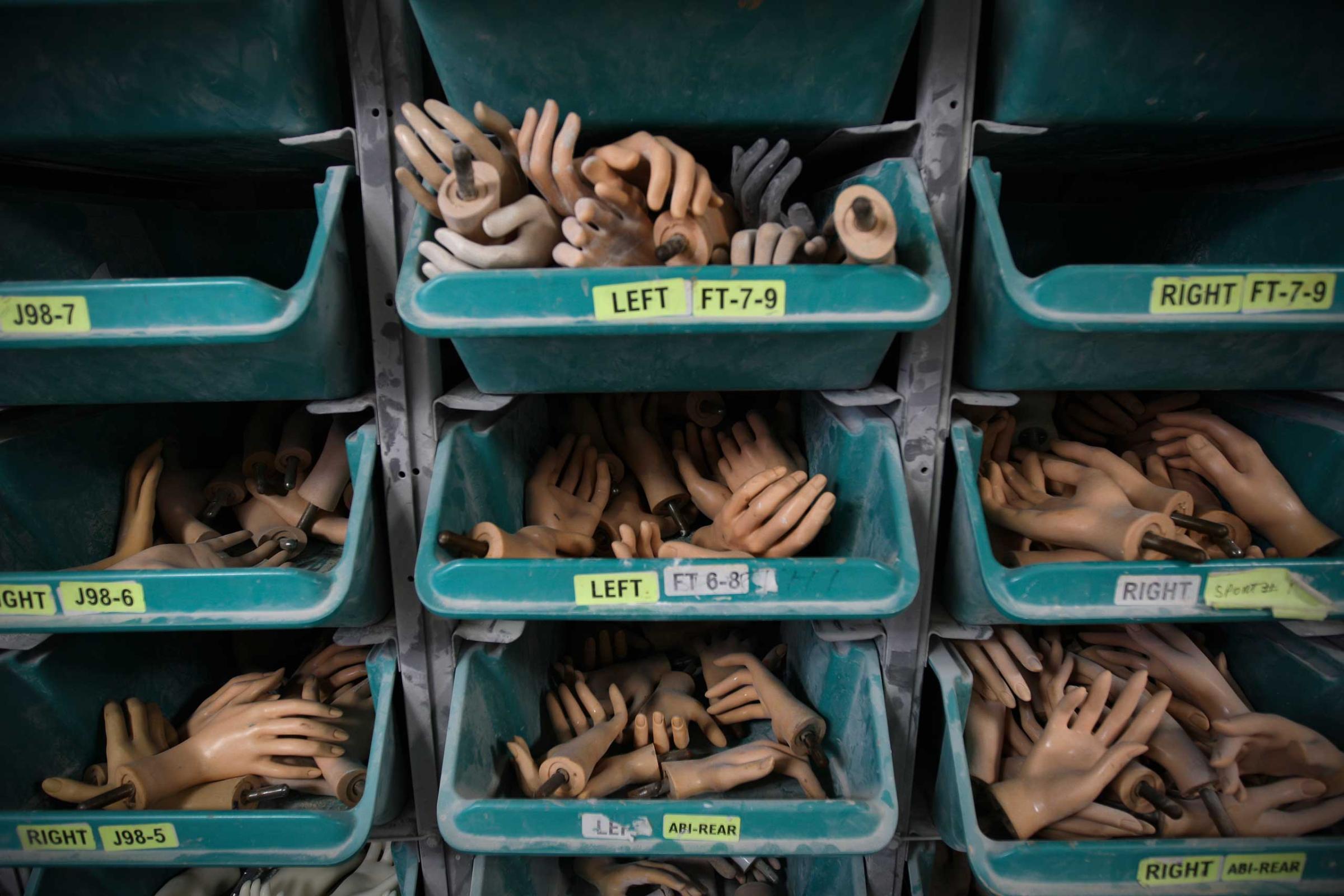 Mannequins hands stored in a drawers at the Goldsmith factory in New York, Sept. 4, 2007.