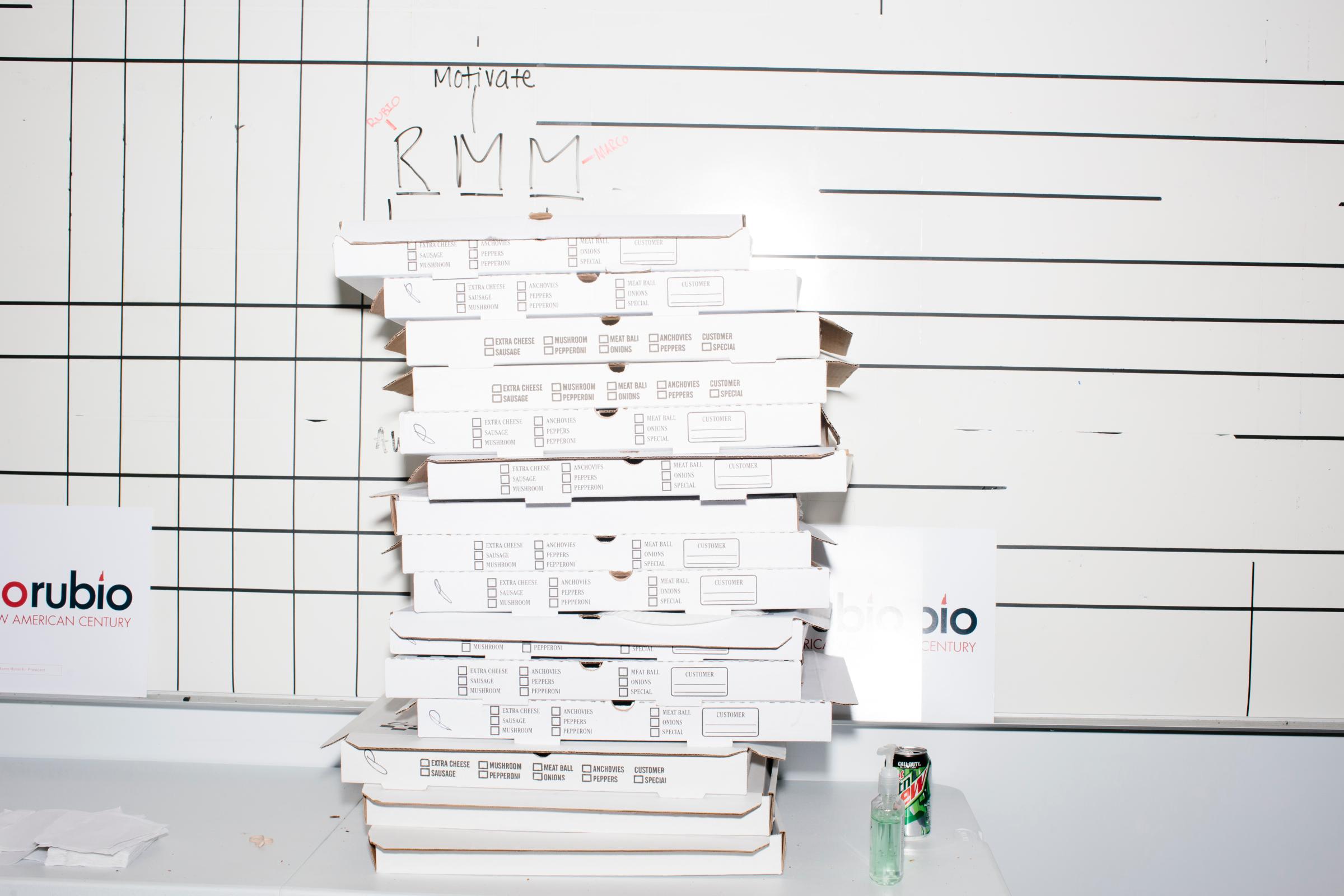 Pizza boxes are stacked in the campaign headquarters of Republican presidential candidate Marco Rubio in Manchester, New Hampshire. Rubio finished 5th in the primary, a disappointing finish after his strong placing in the Iowa caucus a week earlier.
