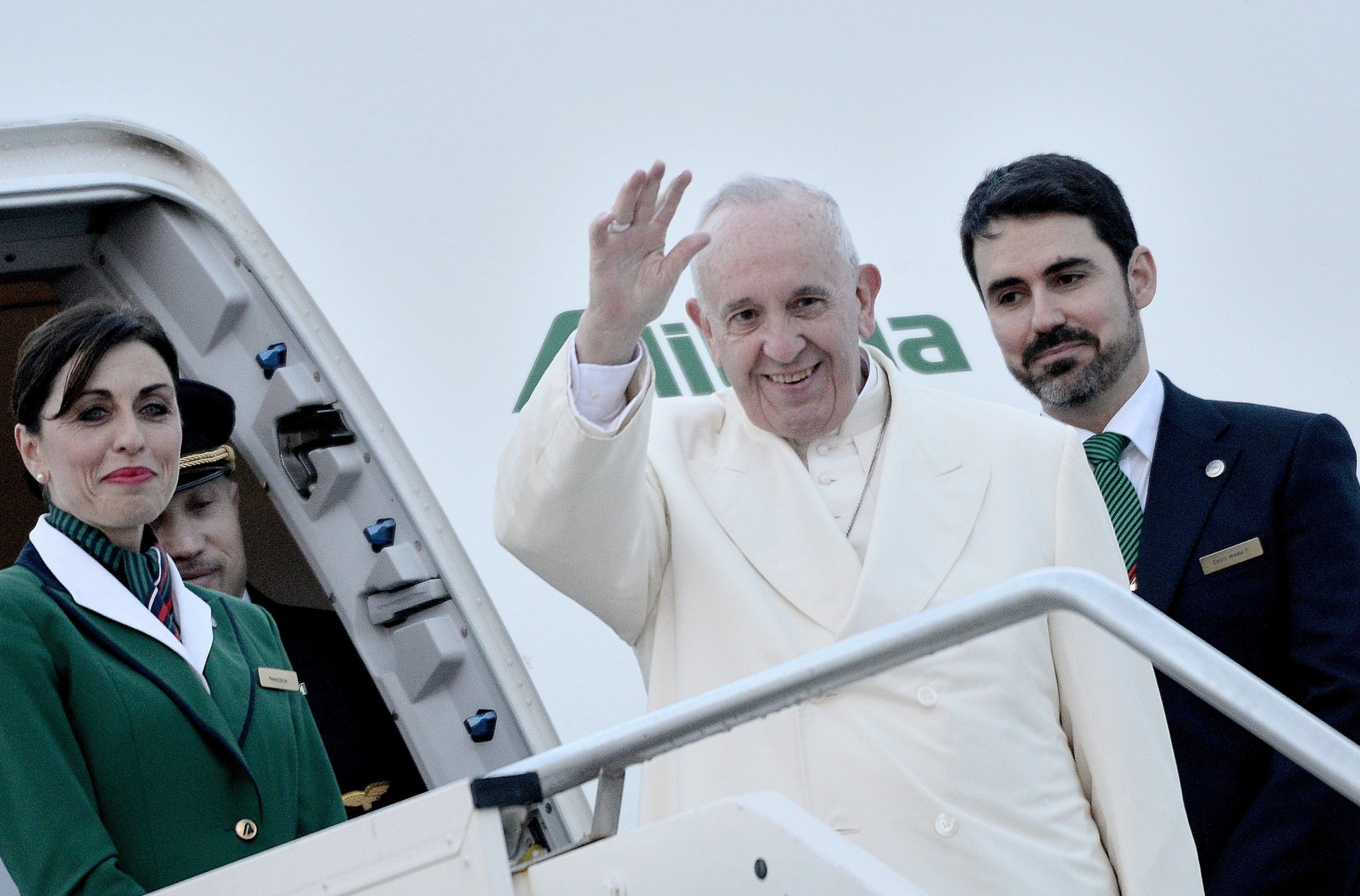 Pope Francis at Rome's Fiumicino airport on his way to Mexico for a week-long trip, on Feb. 12, 2016. He is scheduled to stop in Cuba for an historical meeting with Russian Orthodox Patriarch Kirill.