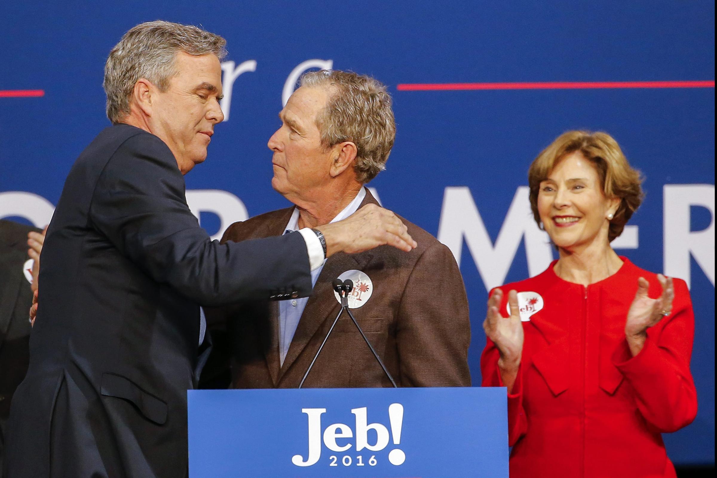 Former Republican presidential candidate Jeb Bush participates in a campaign event with his brother, former President George W. Bush and mother, former First Lady Laura Bush in North Charleston, S.C. on Feb. 15, 2016. Bush dropped out of the presidential race on Saturday.
