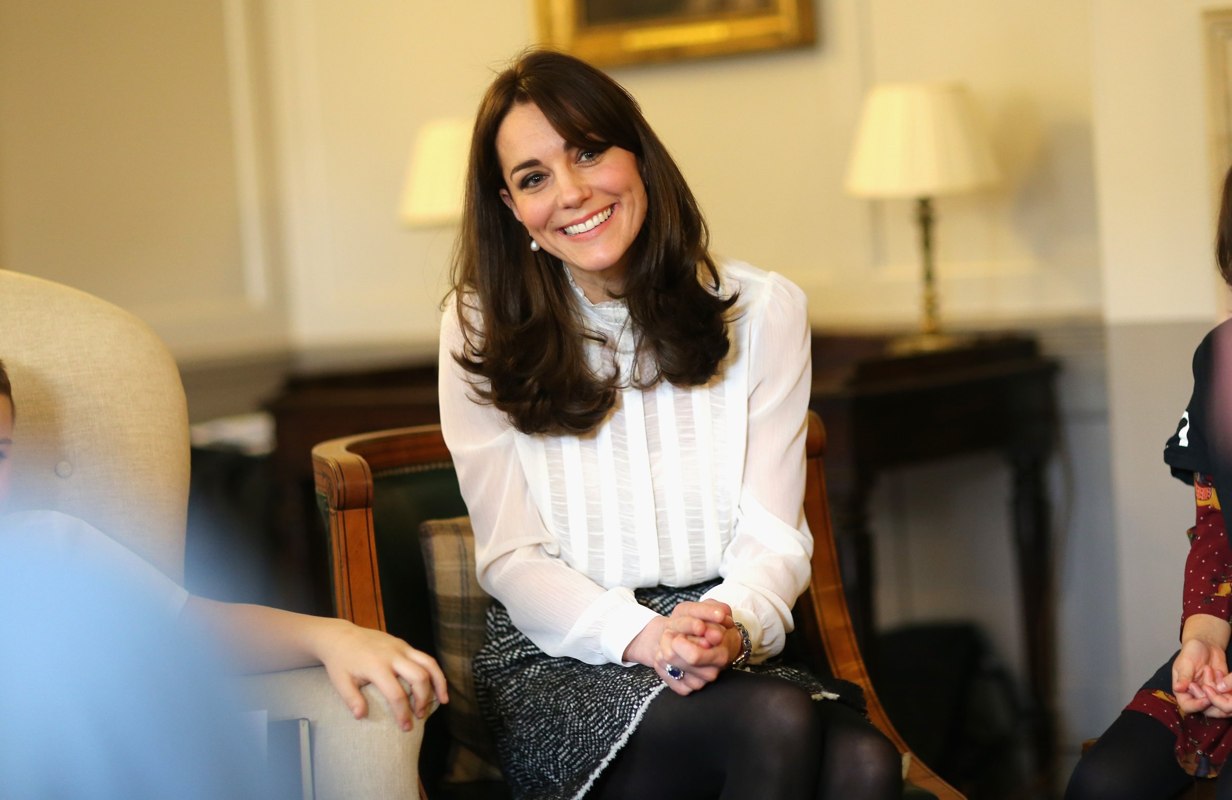 Catherine, Duchess of Cambridge talks to children from the 'Real Truth' video blog that features on the Huffington Post website at Kensington Palace on February 17, 2016 in London, England.