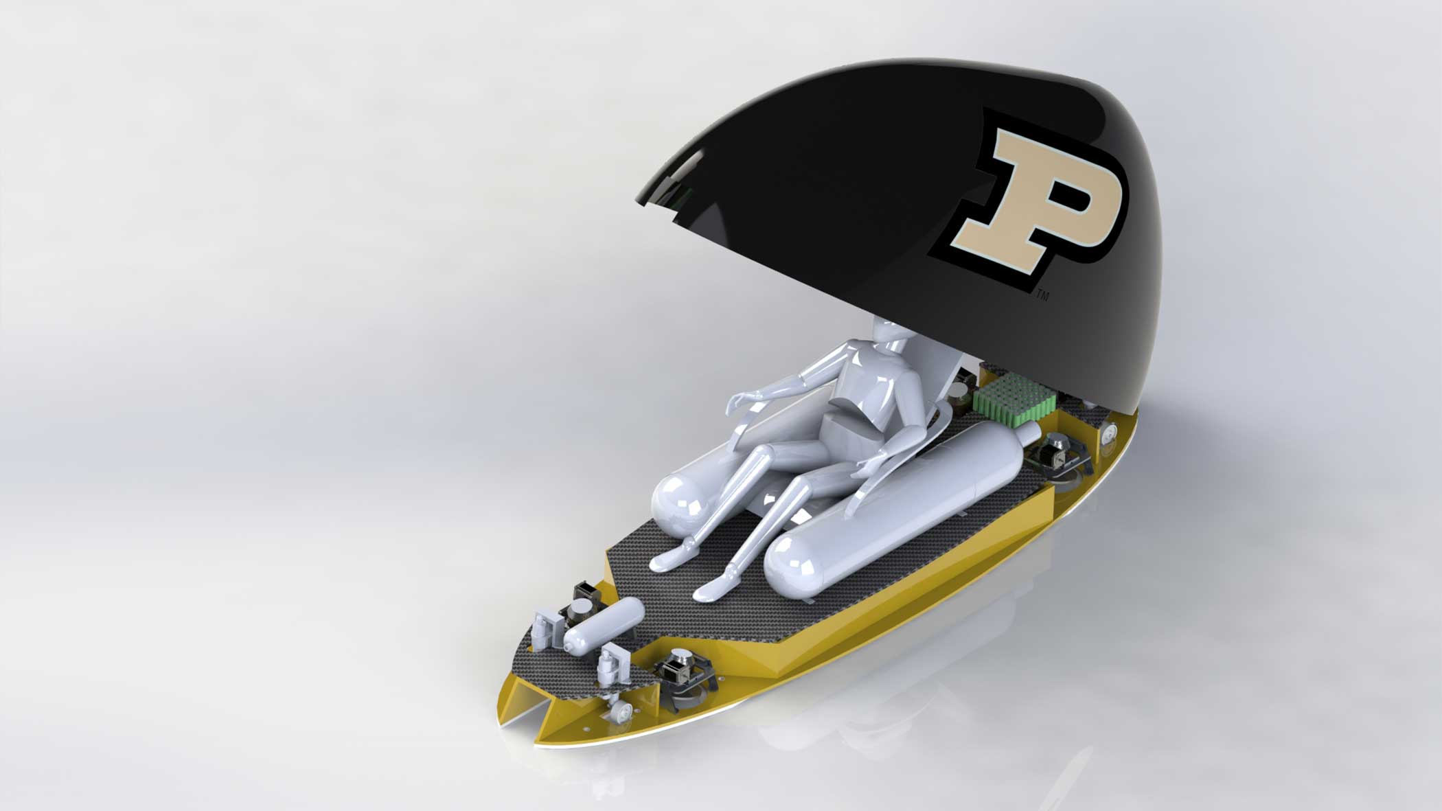 Purdue's Team
                              designed a carbon fiber structure that uses air bearings for levitation, permanent magnets and friction brakes for braking, and compressed air tanks for thrust.