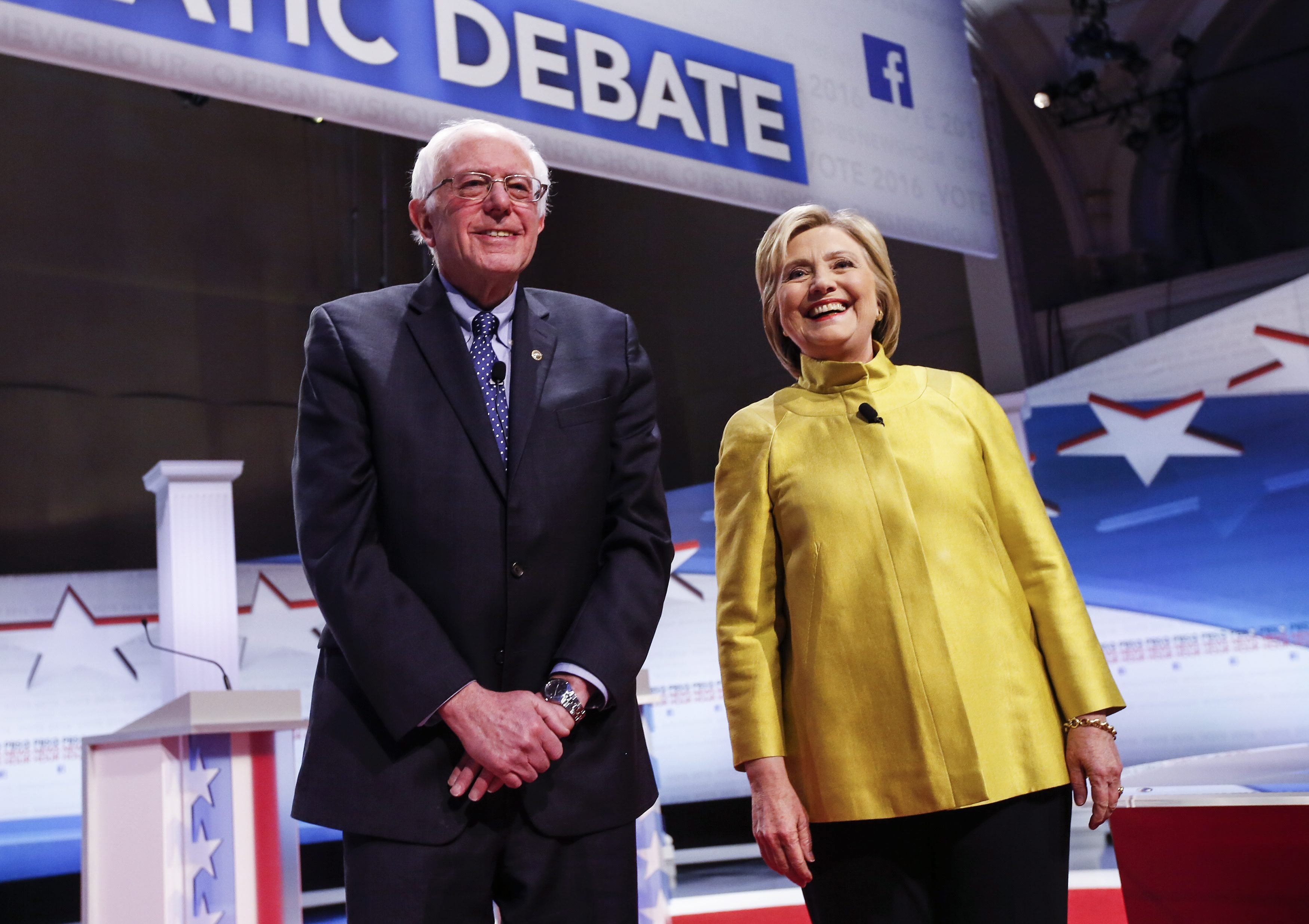 Bernie Sanders and Hillary Clinton participate in the PBS NewsHour Democratic debate in Milwaukee, Wisconsin on Feb. 11, 2016. (Kamil Krzaczynski—EPA)