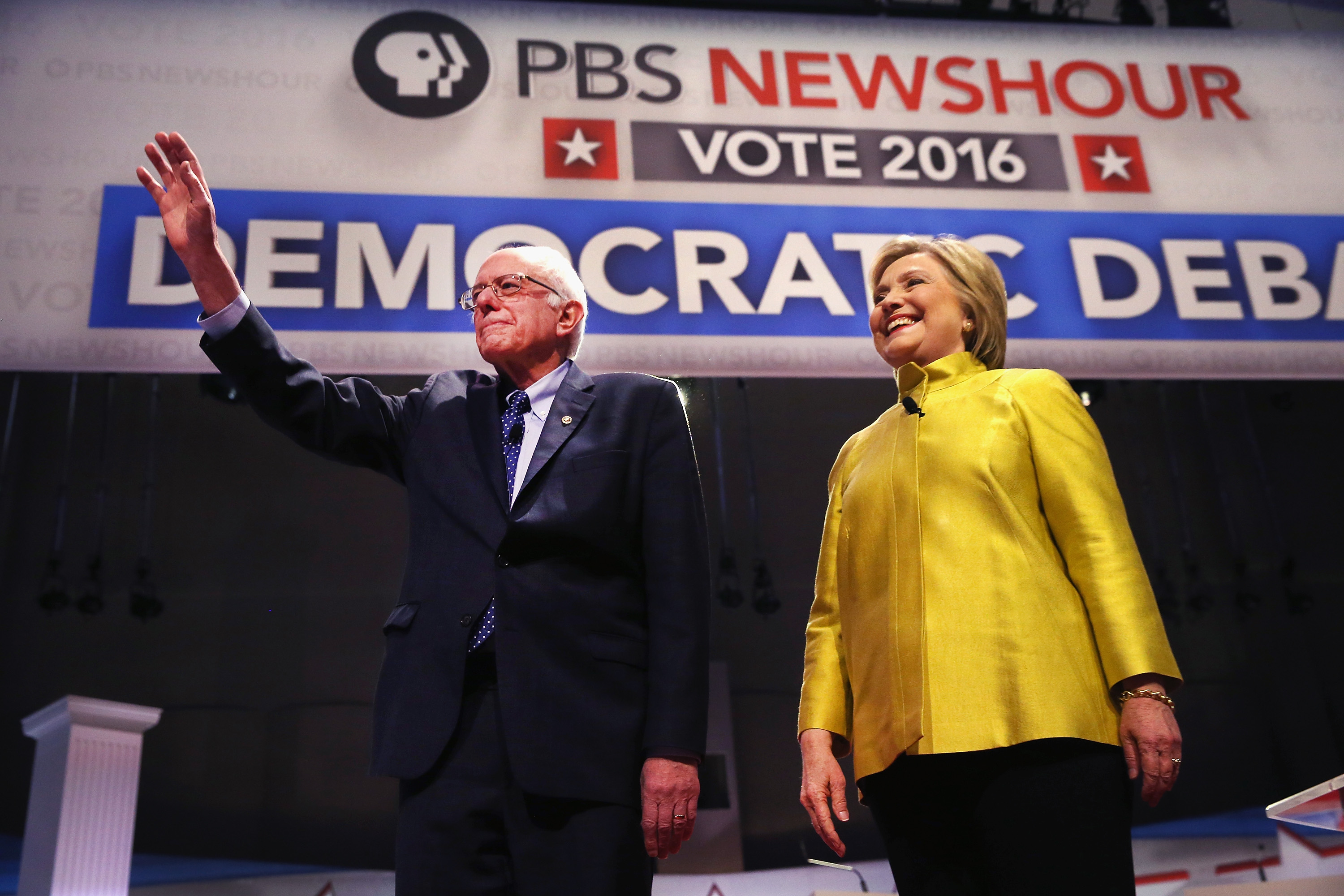 Bernie Sanders and Hillary Clinton during a candidate debate in Milwaukee, Wisconsin on Feb. 11, 2016. (Win McNamee—Getty Images)