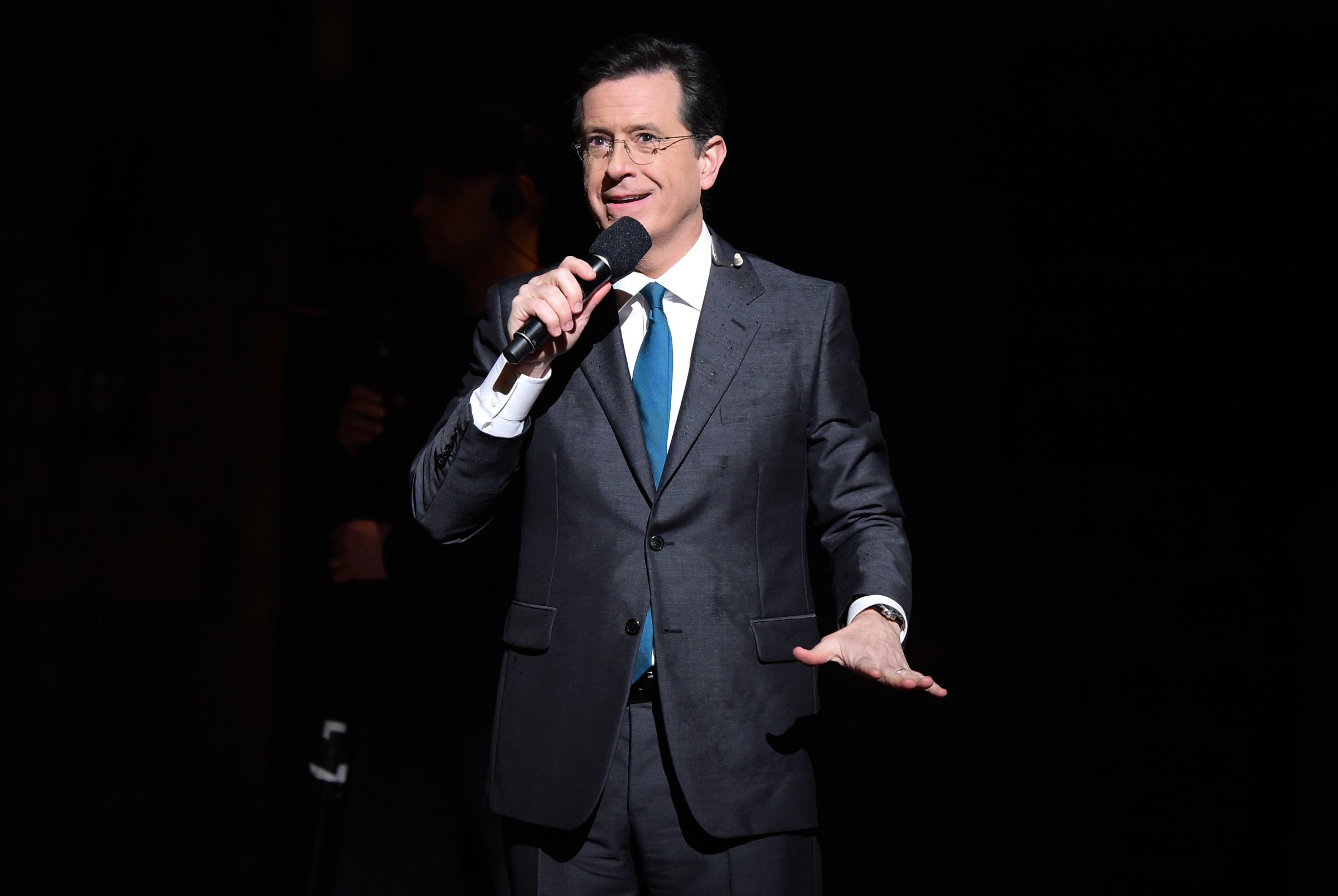 TV Host, comedian Stephen Colbert speaks on stage prior to "Hamilton" GRAMMY performance for The 58th GRAMMY Awards at Richard Rodgers Theater on February 15, 2016 in New York City.