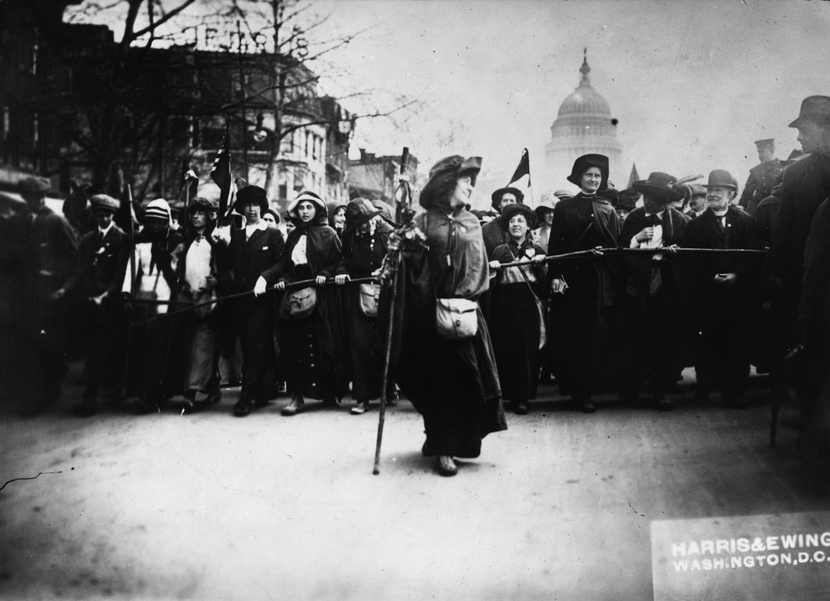American suffragette Rosalie Jones leading a crowd of protesters up Pennsylvania Avenue, in Washington D.C., on Feb. 3, 1913, after a march from New York. (Topical Press Agency / Getty Images)