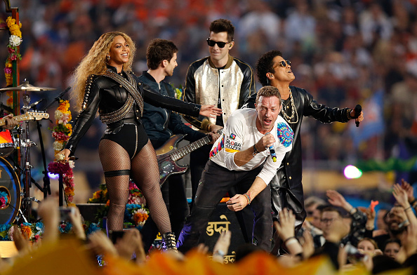 Beyonce, Guy Berryman of Coldplay, Chris Martin of Coldplay, Mark Ronson and Bruno Mars perform during the Pepsi Super Bowl 50 Halftime Show at Levi's Stadium on February 7, 2016 in Santa Clara, California.