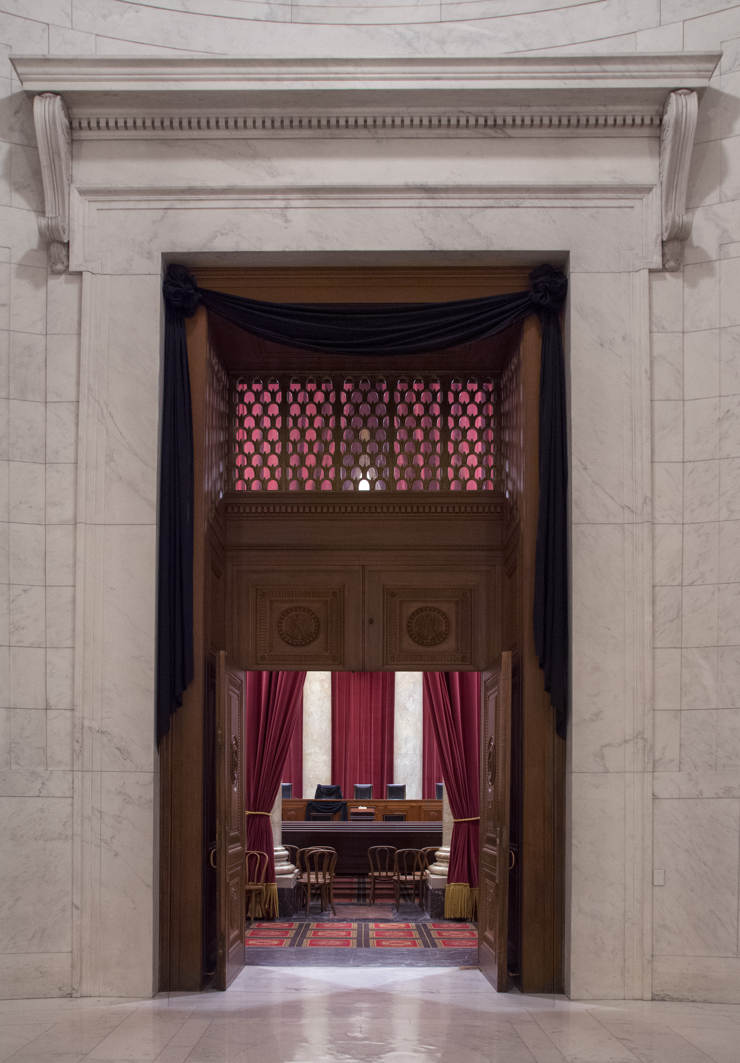 The doors of the Courtroom of the Supreme Court are draped in black following the Feb. 13 death of Associate Justice Antonin Scalia.