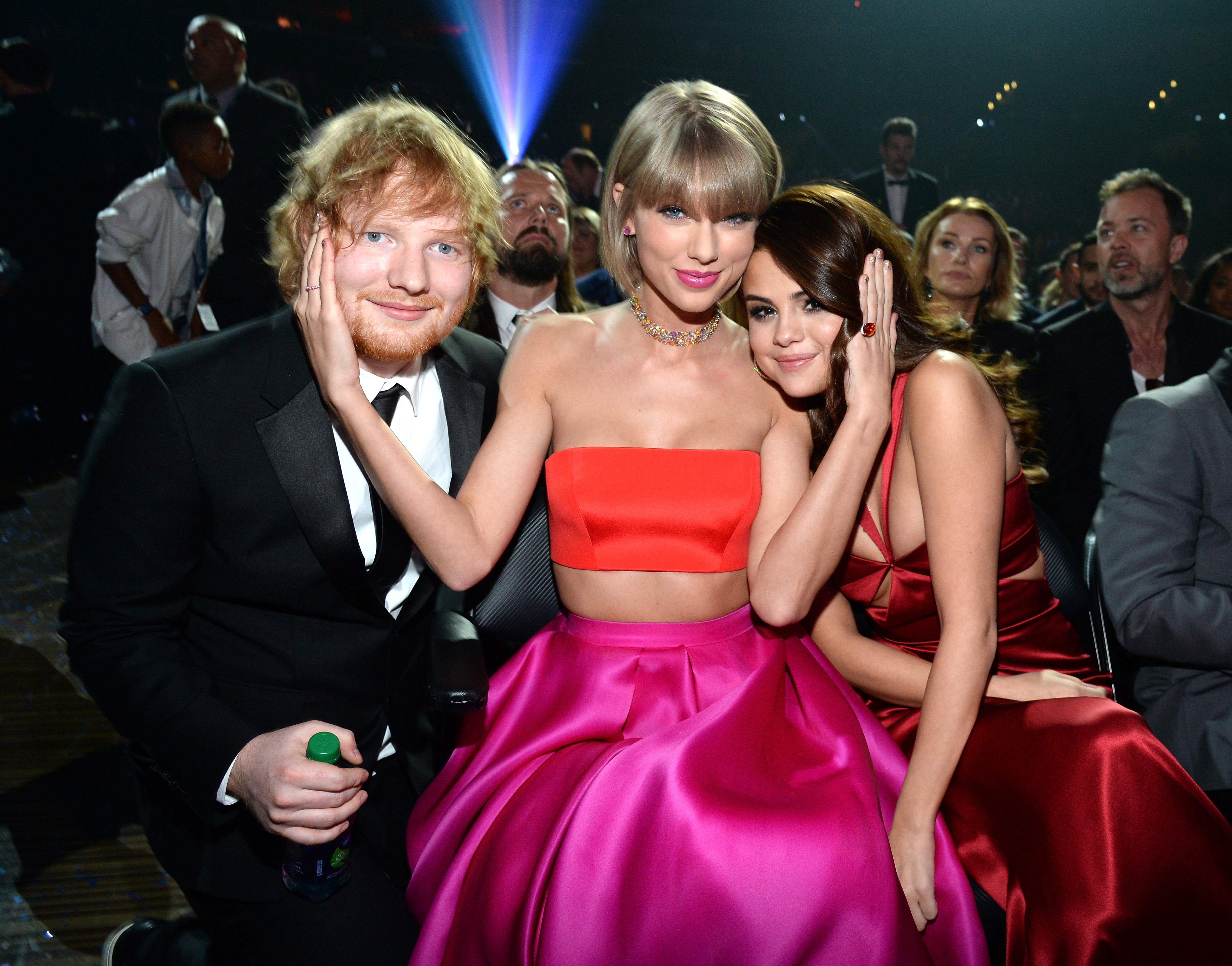 Ed Sheeran, Taylor Swift and Selena Gomez attend The 58th GRAMMY Awards at Staples Center on February 15, 2016 in Los Angeles, California. (Kevin Mazur—WireImage/Getty Images)
