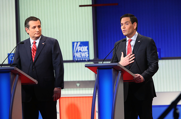 Republican presidential candidates (R-L) Sen. Marco Rubio (R-FL) and Sen. Ted Cruz (R-TX) participate in the Fox News - Google GOP Debate January 28, 2016 at the Iowa Events Center in Des Moines, Iowa.