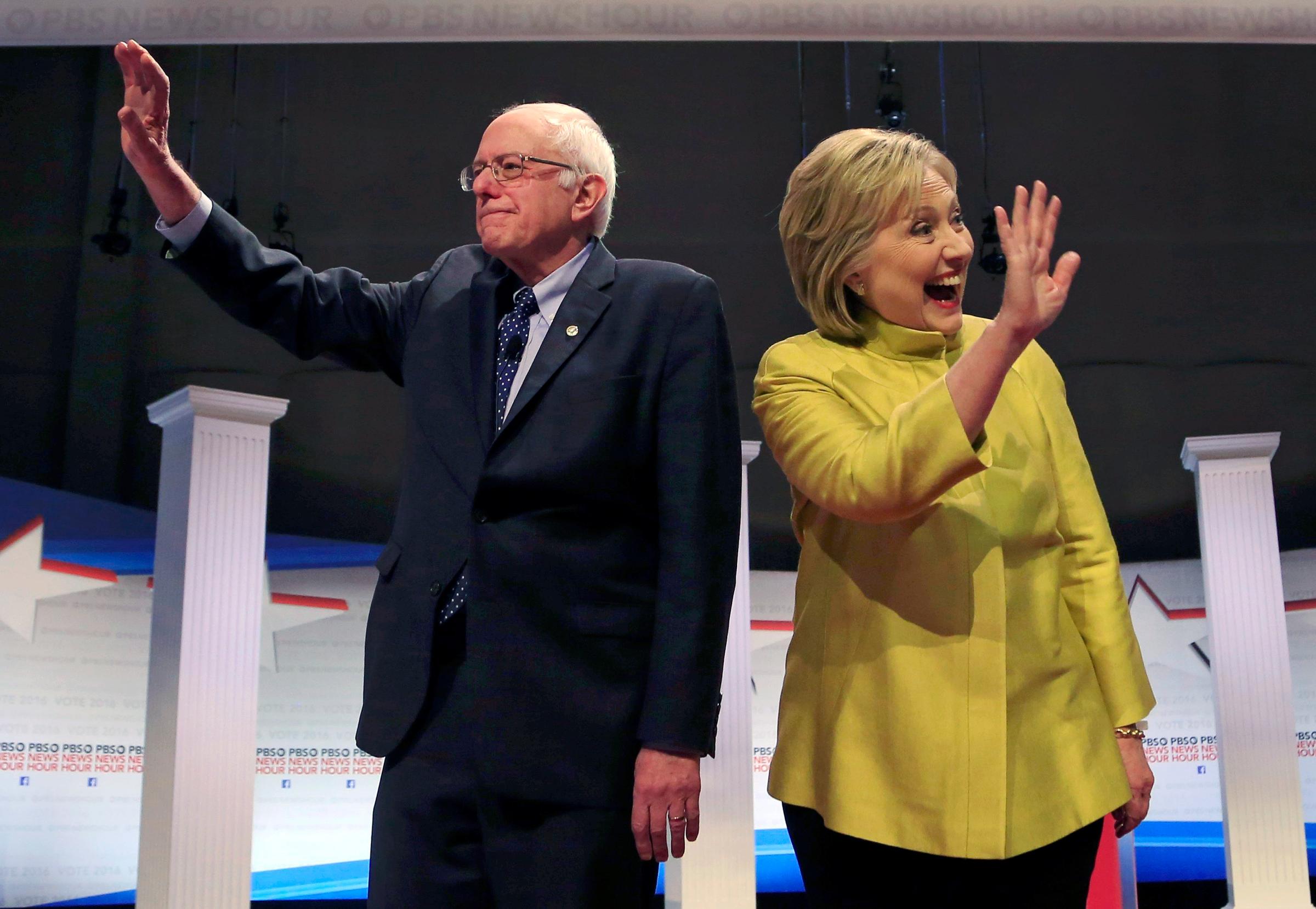 Democratic. presidential candidates Senator Bernie Sanders and former Secretary of State Hillary Clinton on stage at a debate in Milwaukee on Feb. 11, 2016.