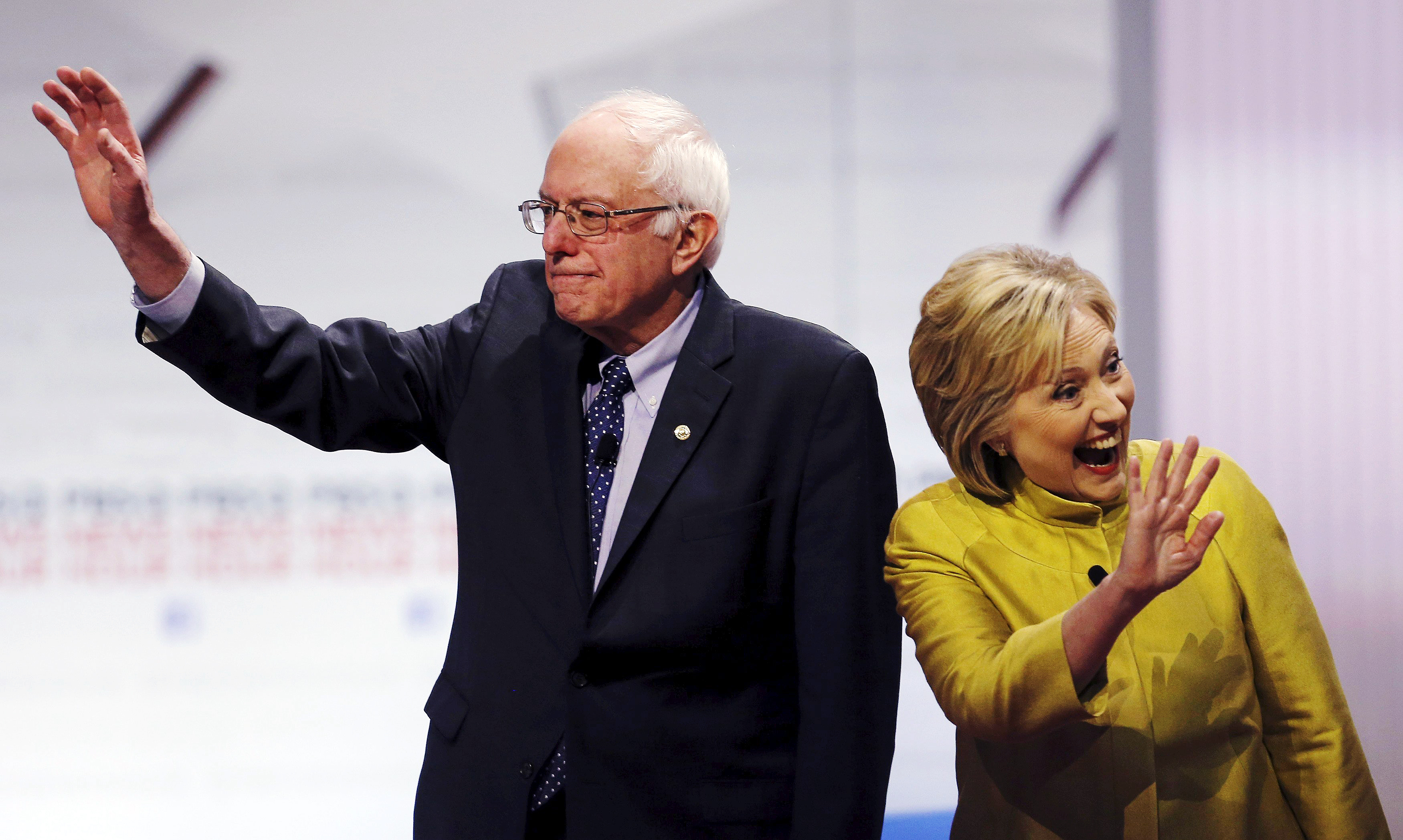Democratic. presidential candidates Senator Bernie Sanders and former Secretary of State Hillary Clinton on stage at a debate in Milwaukee on Feb. 11, 2016. (Jim Young—Reuters)
