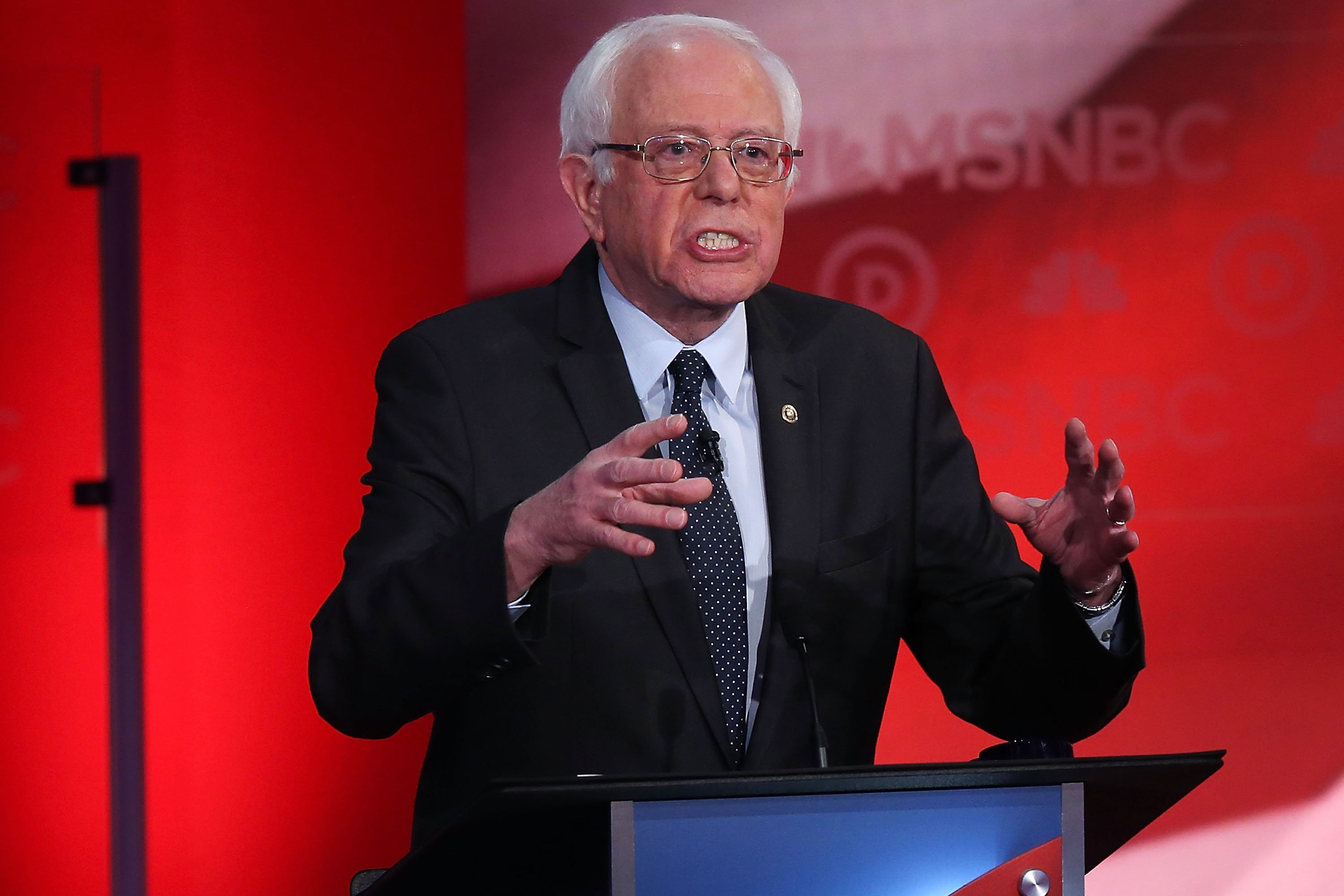 Democratic presidential candidate U.S. Sen. Bernie Sanders (I-VT) speaks during  a Democratic debate with former Secretary of State Hillary Clinton at the University of New Hampshire on Feb. 4, 2016 in Durham, N.H. (Justin Sullivan—Getty Images)